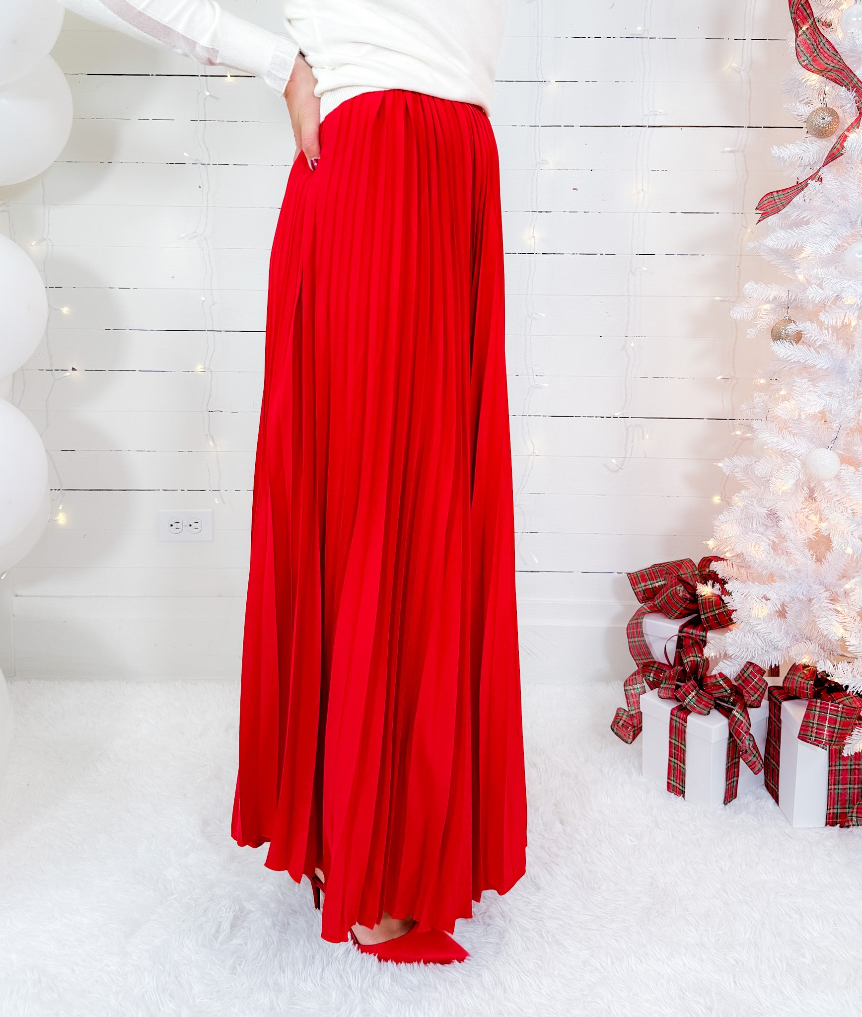 Avery Red Pleated Maxi Skirt