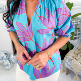 Bahama Turquoise Abstract Leaf Top Karlie