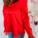 Balloon Sleeve Red Jacquard Satin Top