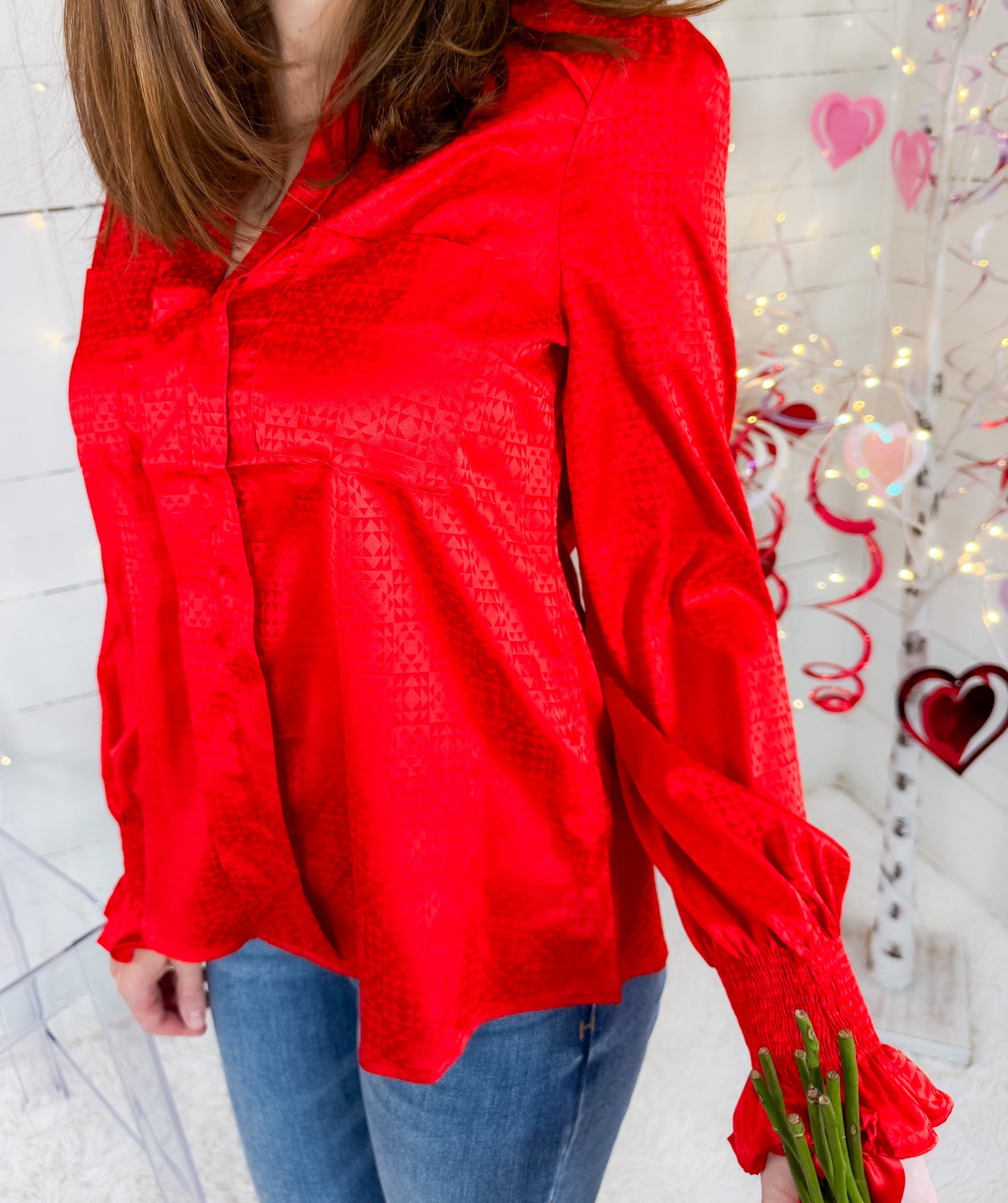 Balloon Sleeve Red Jacquard Satin Top