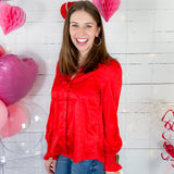 Balloon Sleeve Red Jacquard Satin Top