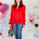 Balloon Sleeve Red Jacquard Satin Top