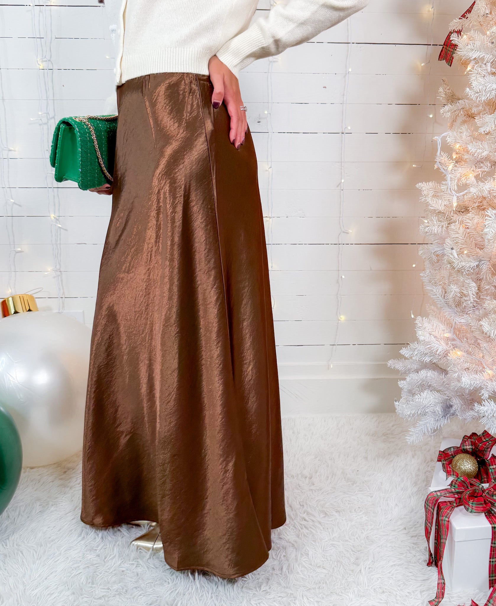 Barbara Bronze Satin Maxi Skirt Lucy Paris