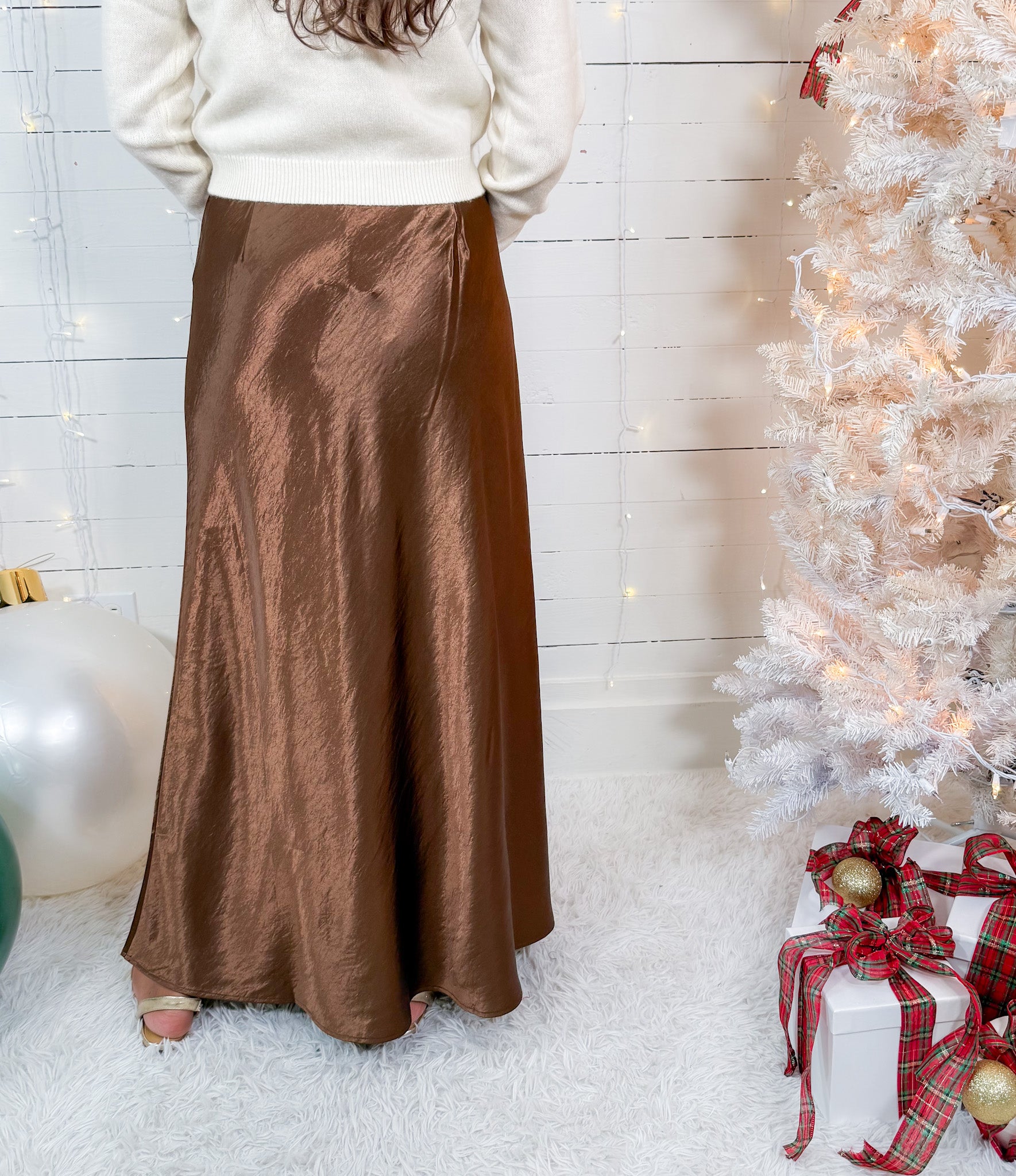 Barbara Bronze Satin Maxi Skirt Lucy Paris