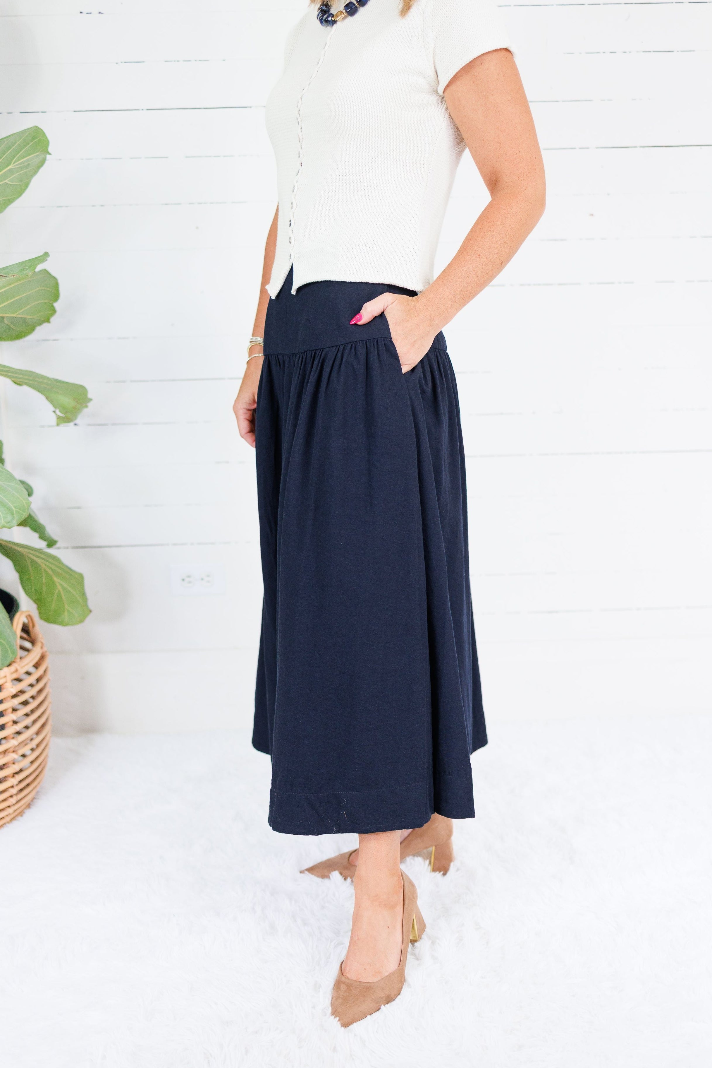 Basque Navy Deep Waist Flare Maxi Skirt Doe and Rae