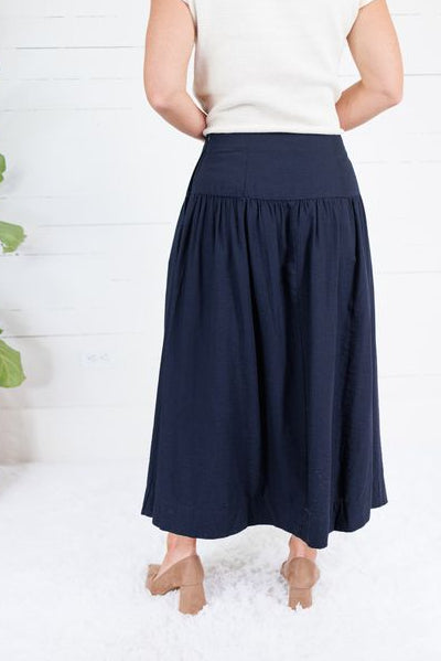 Basque Navy Deep Waist Flare Maxi Skirt Doe and Rae