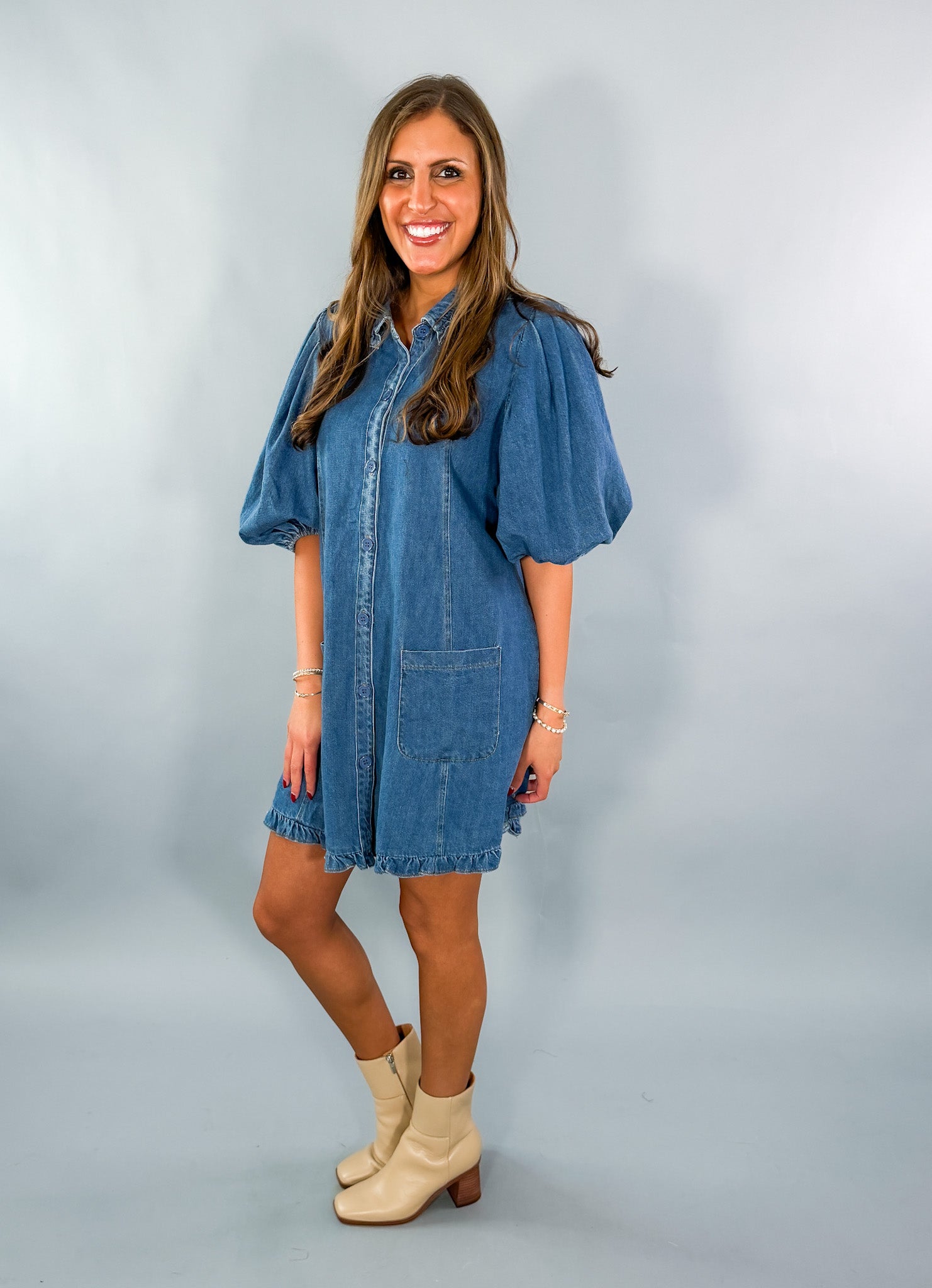 Baxter Denim Ruffle Mini Dress Karlie