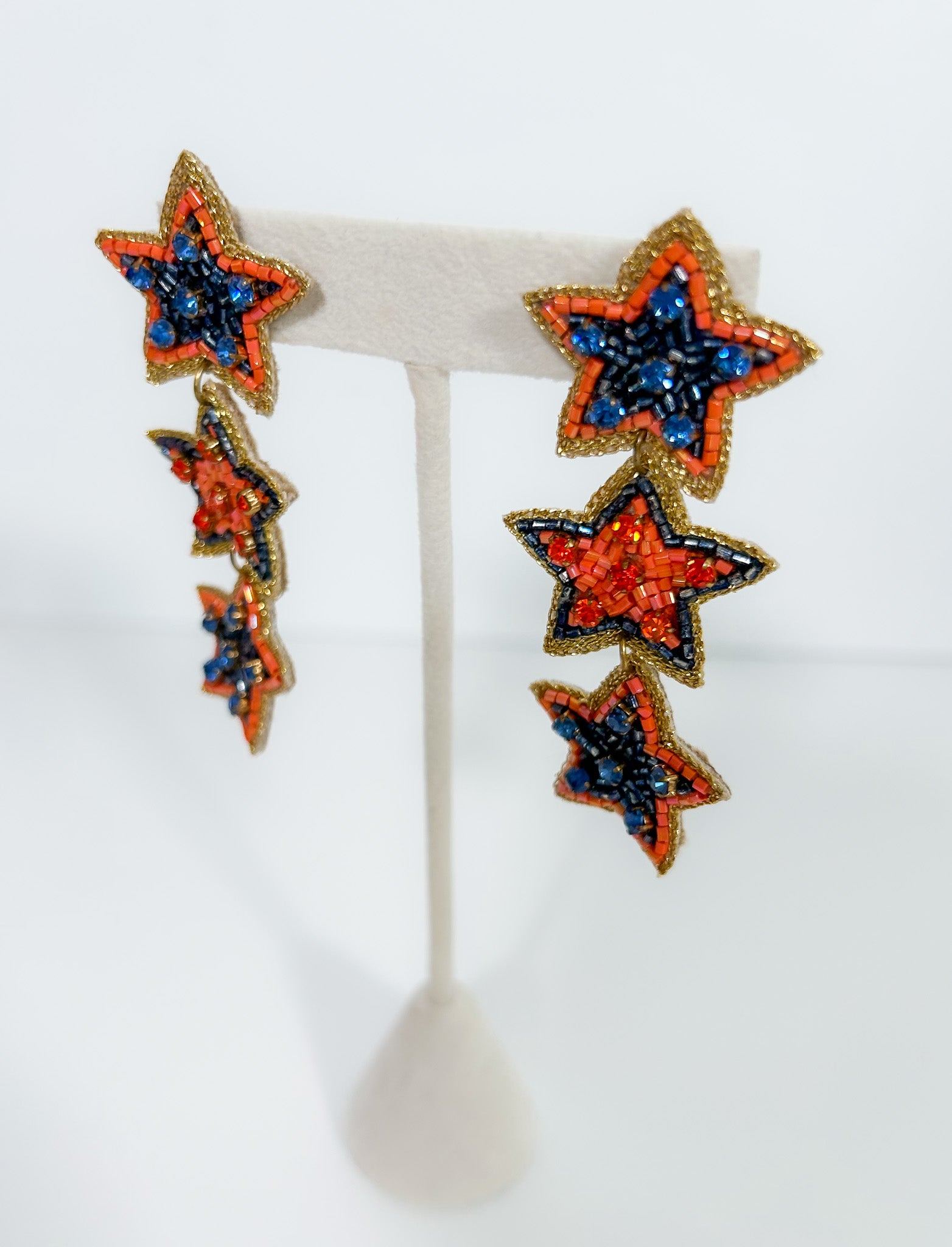 Beaded Triple Star Earrings - Blue and Orange