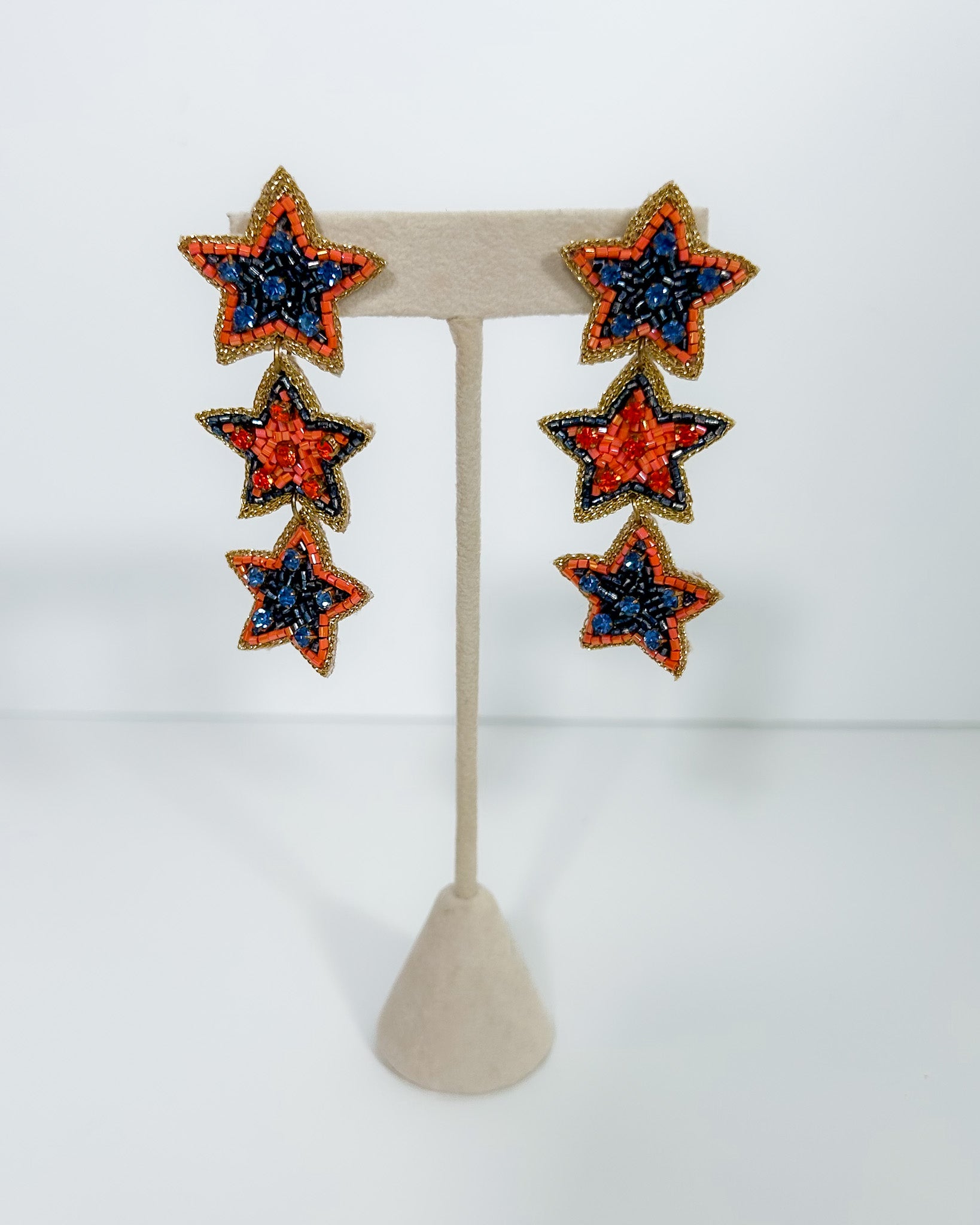 Beaded Triple Star Earrings - Blue and Orange