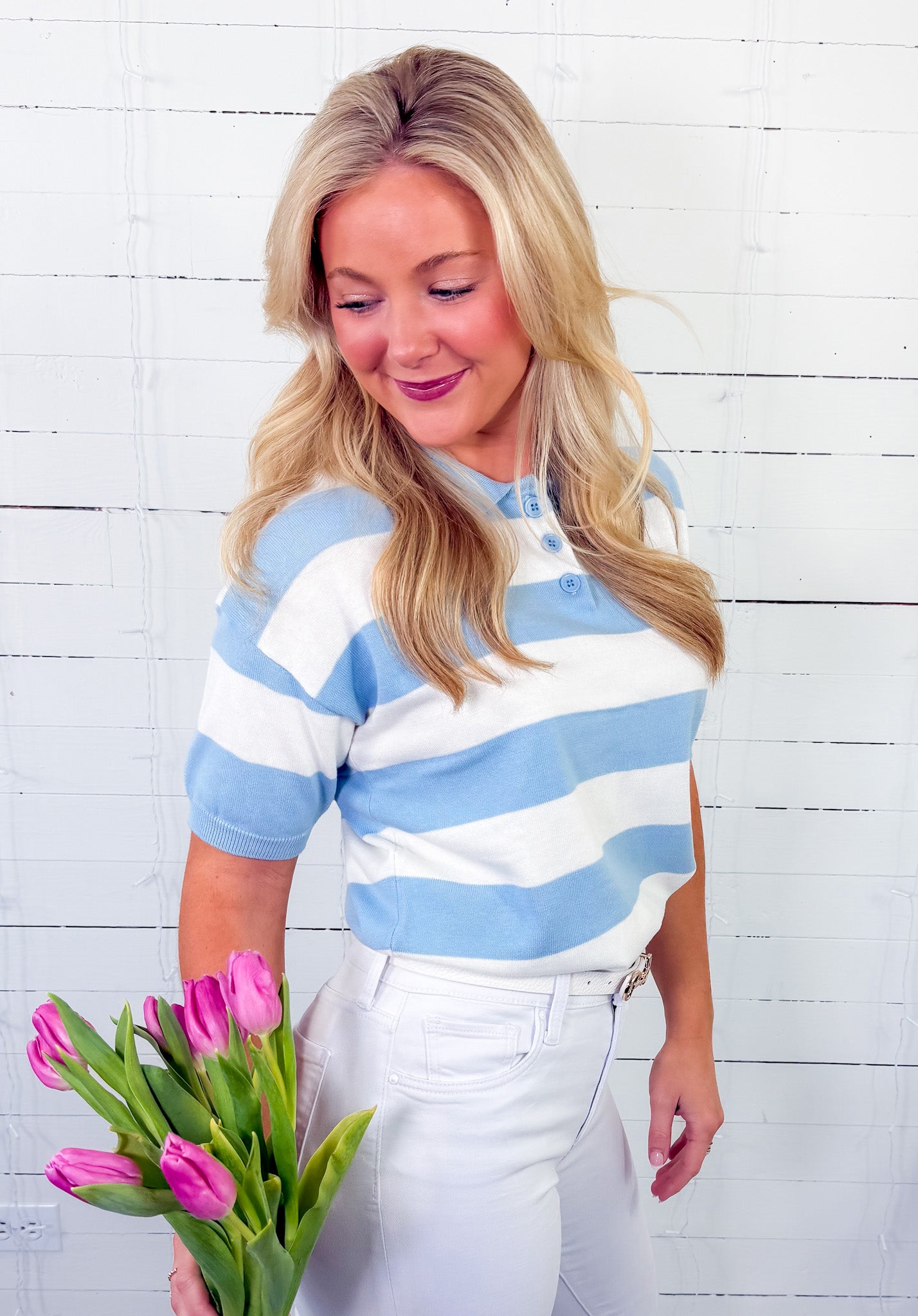 Belle White + Blue Stripe Collar Sweater Sunday Edition