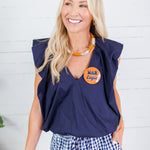 Benny Navy Poplin Bubble Hem Top Karlie