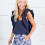 Benny Navy Poplin Bubble Hem Top Karlie