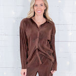 Bernard Chocolate Crinkle Button Front Top FRNCH