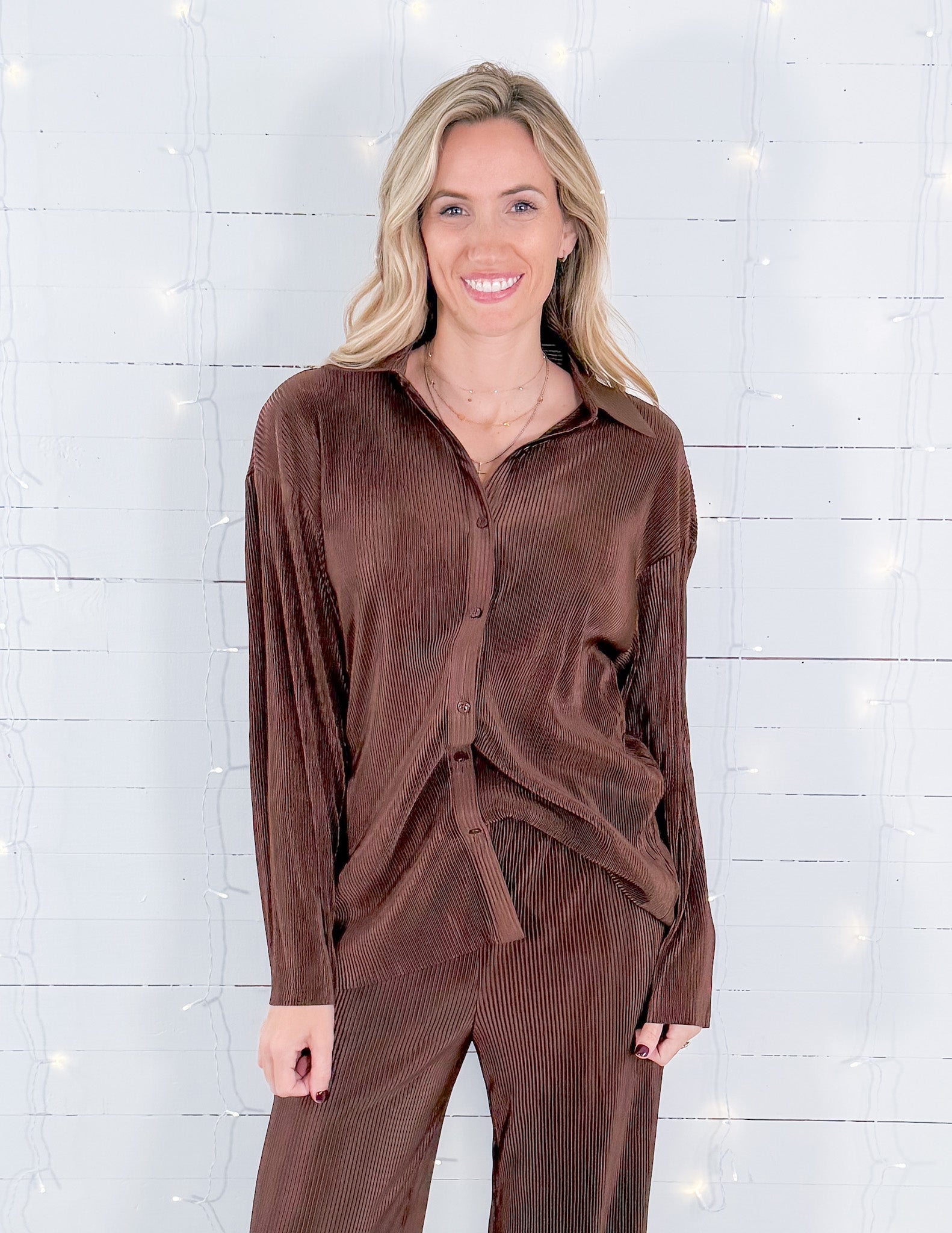 Bernard Chocolate Crinkle Button Front Top FRNCH