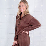 Bernard Chocolate Crinkle Button Front Top FRNCH