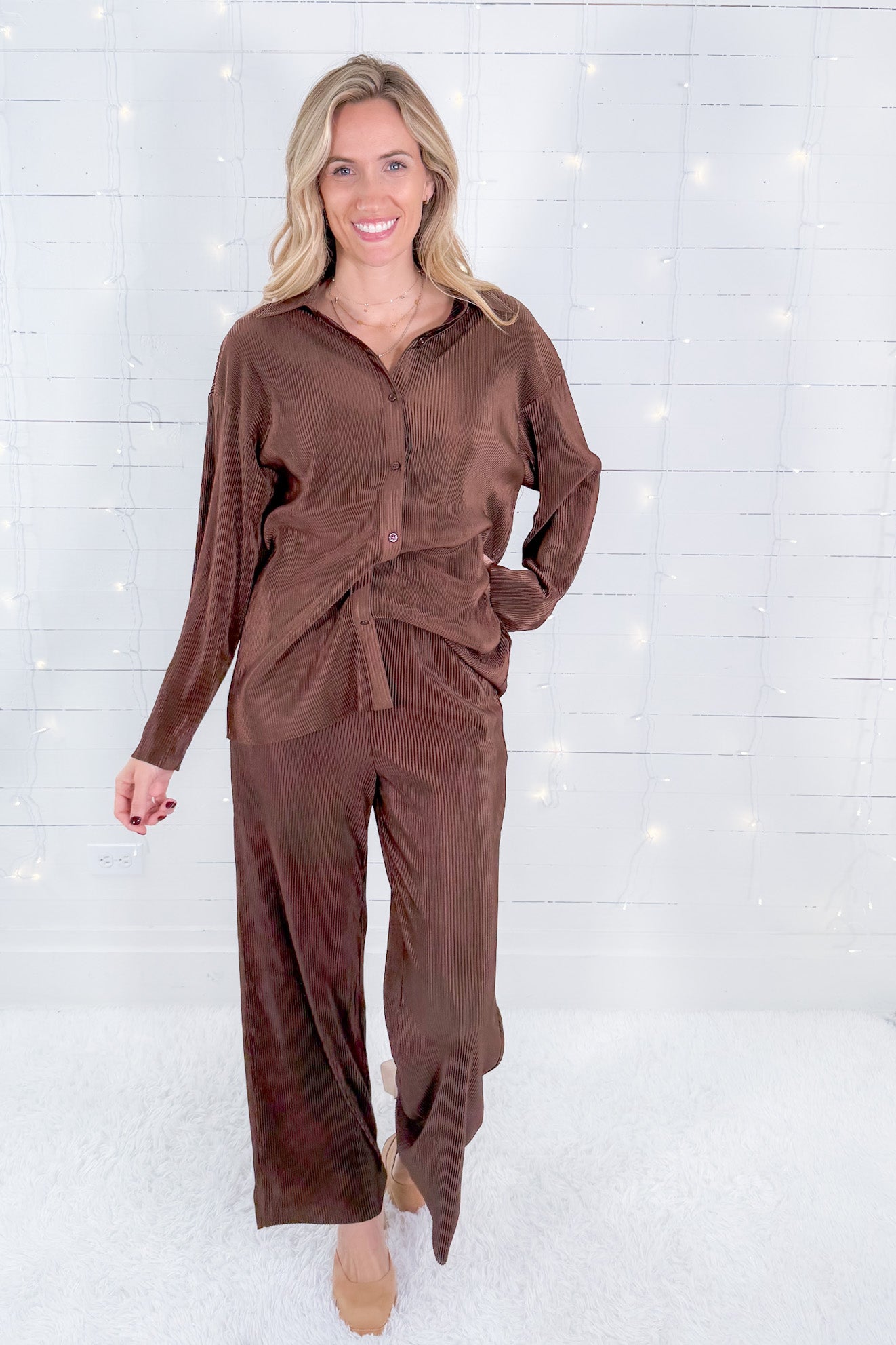 Bernice Chocolate Crinkle Wide Leg Pants FRNCH