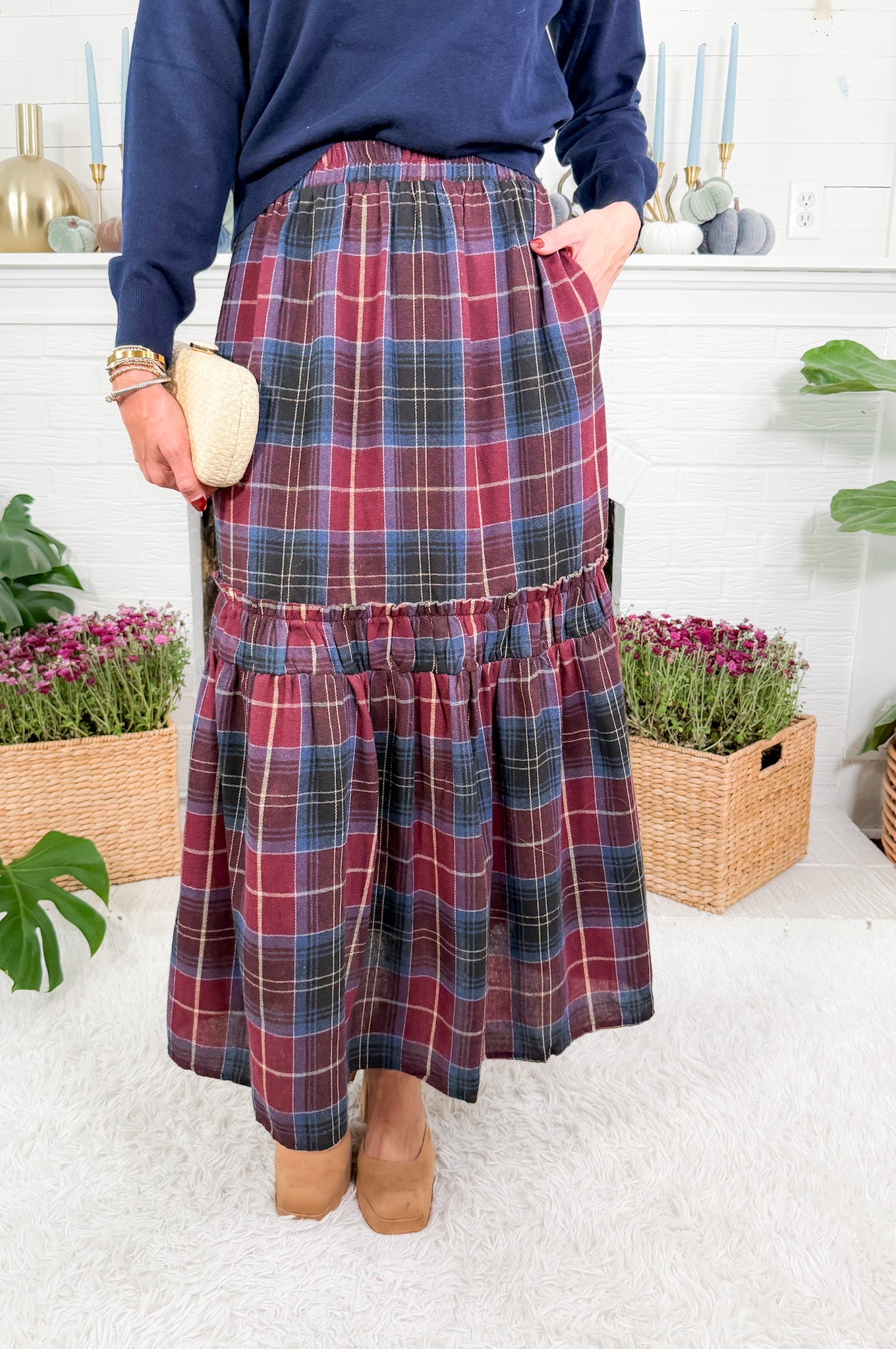 Berry Plaid Flannel Maxi Skirt