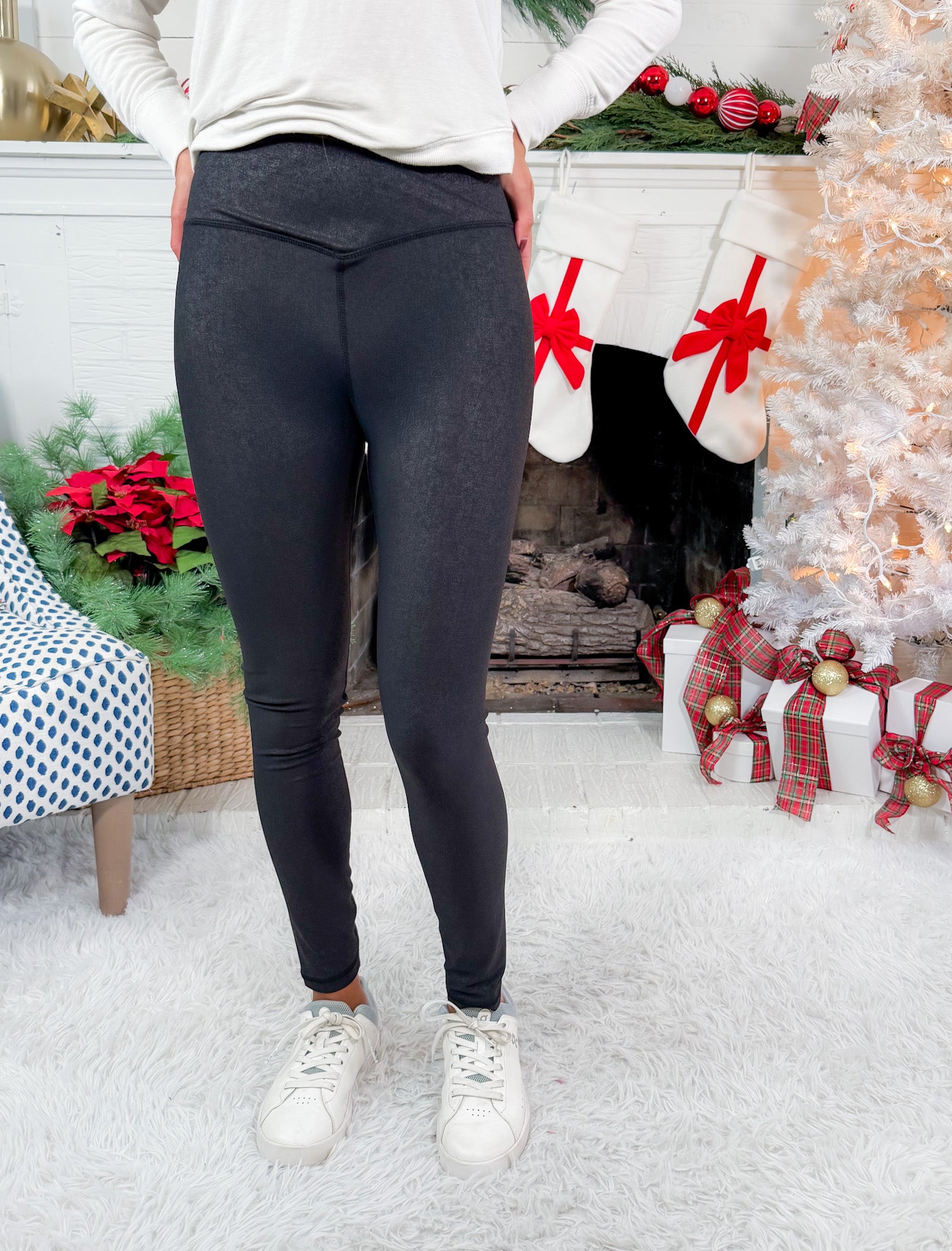 Black Foil Leather Look Crossover Leggings