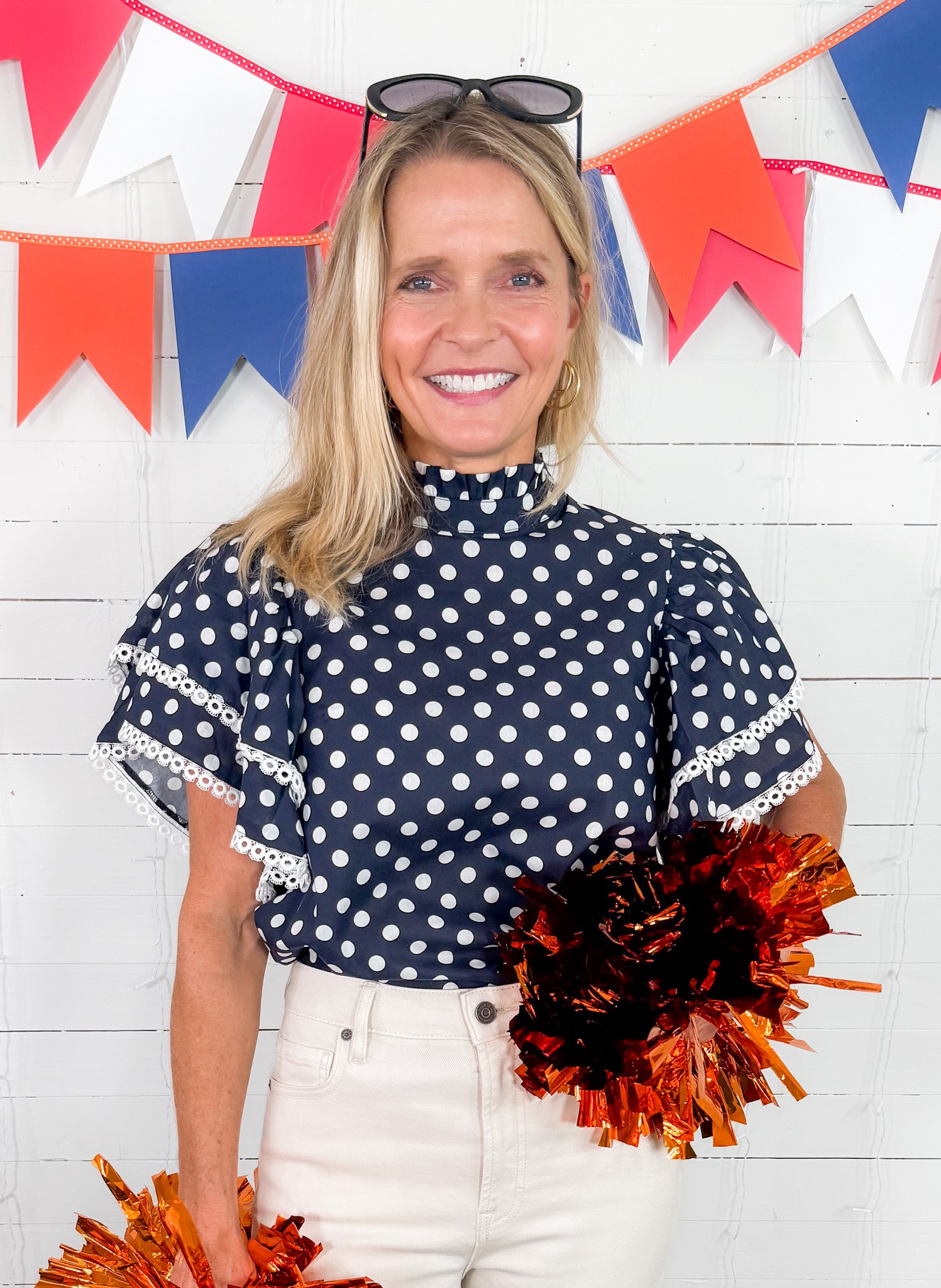 Blair Navy Polka Dot Ruffle Top Prosperina