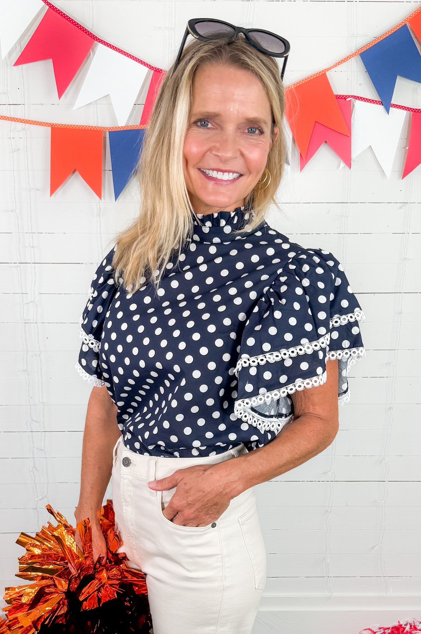 Blair Navy Polka Dot Ruffle Top Prosperina