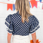 Blair Navy Polka Dot Ruffle Top Prosperina