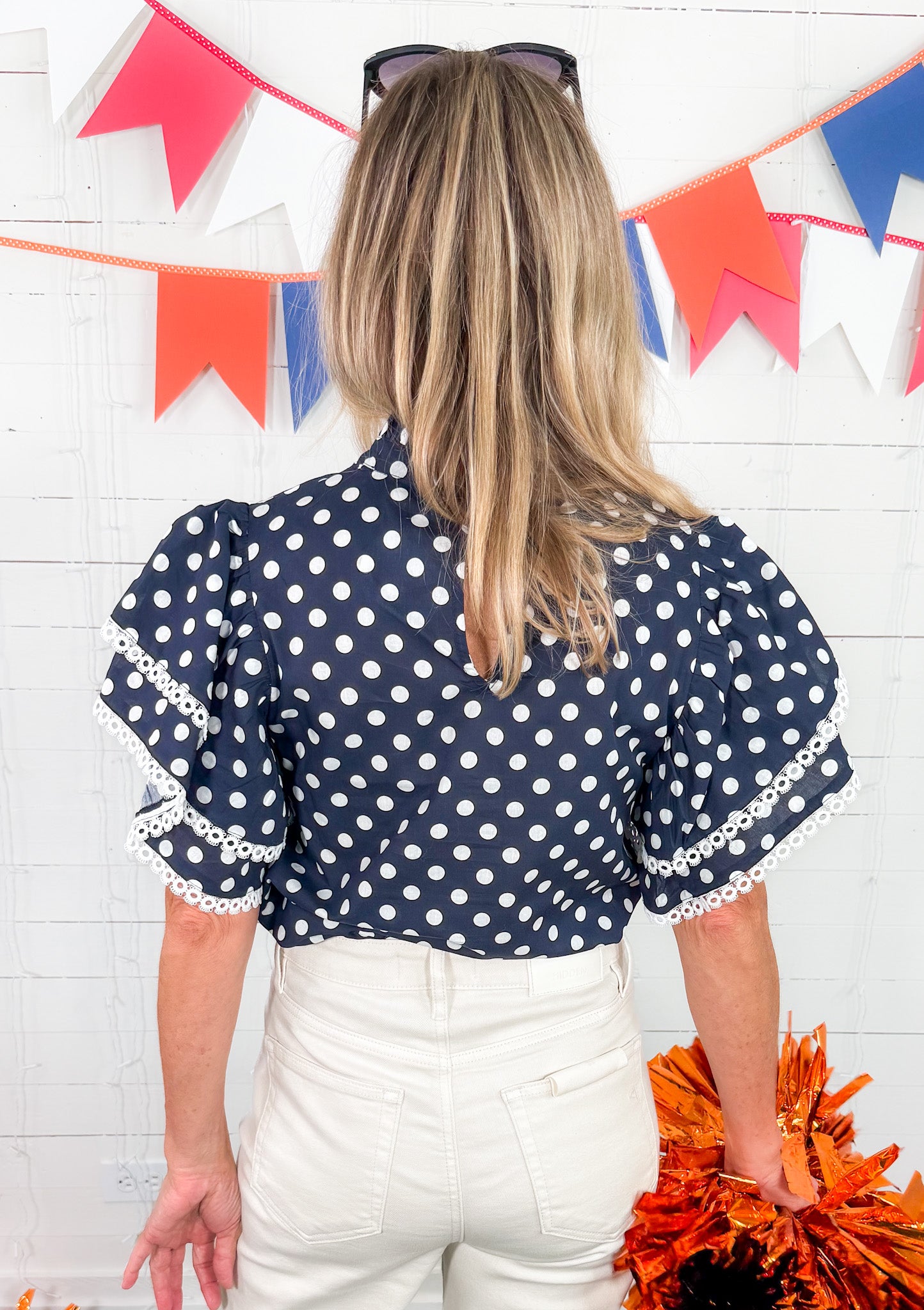 Blair Navy Polka Dot Ruffle Top Prosperina