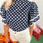 Blair Navy Polka Dot Ruffle Top Prosperina