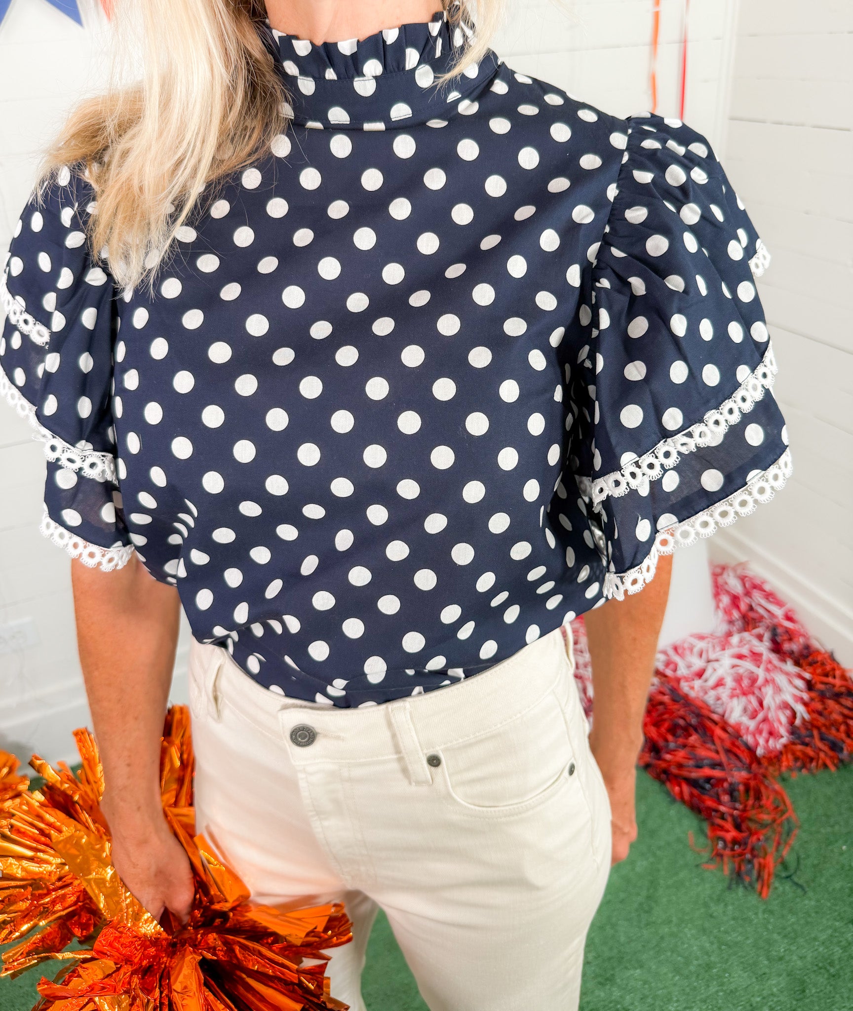 Blair Navy Polka Dot Ruffle Top Prosperina