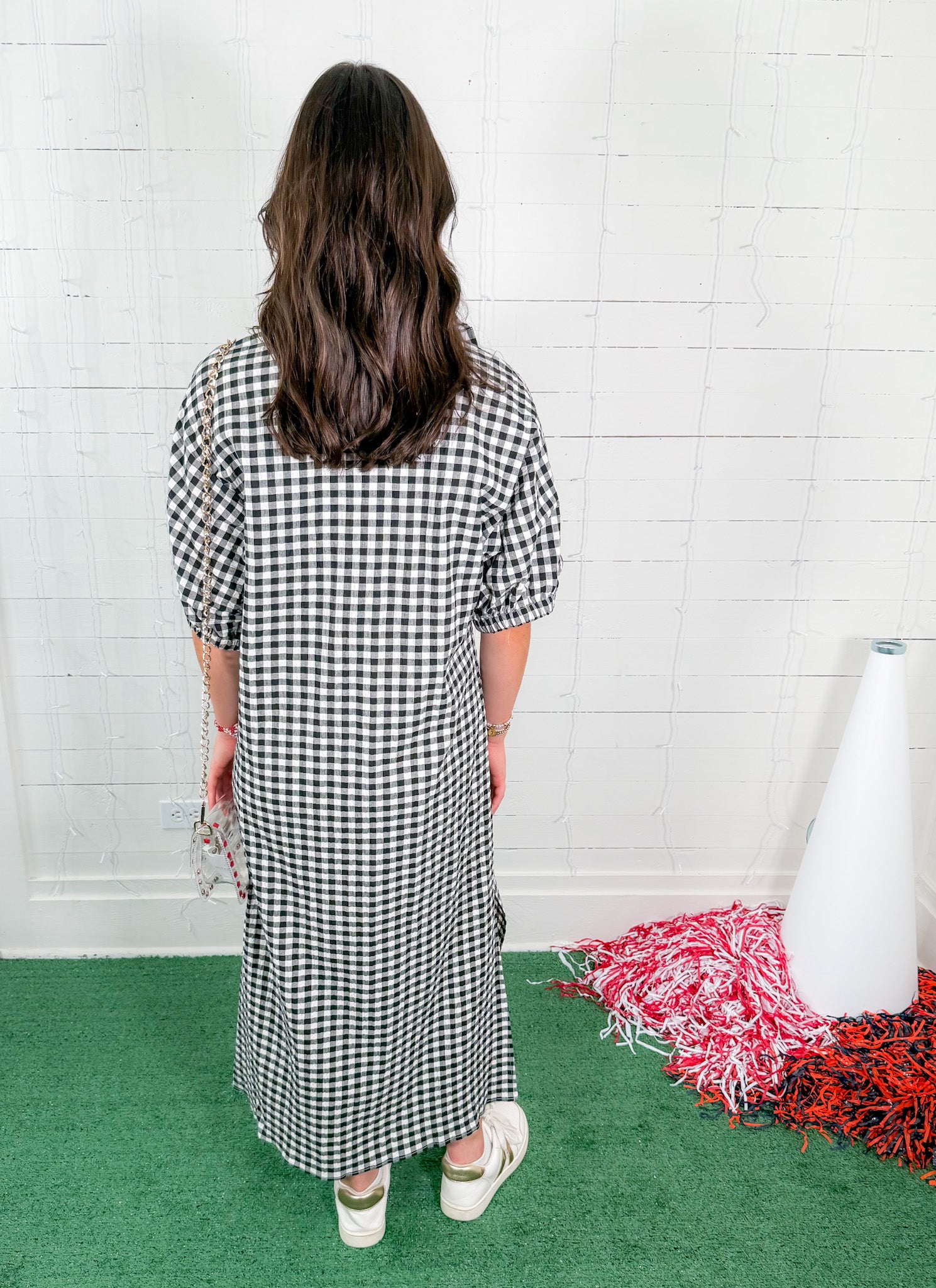 Blakely Black Seersucker Gingham Midi Dress Adrienne