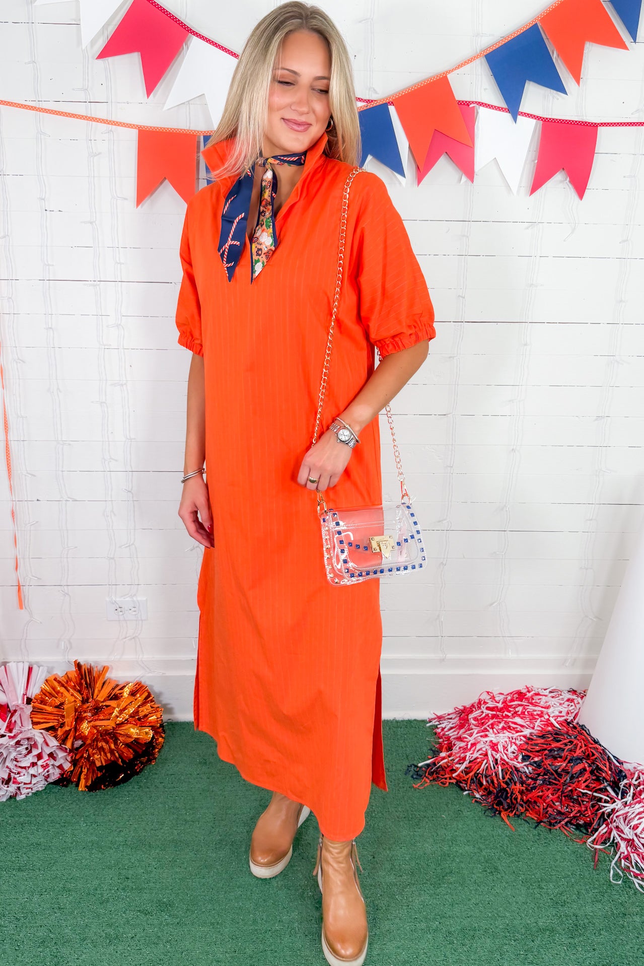Blakely Orange Pinstripe Midi Dress Adrienne