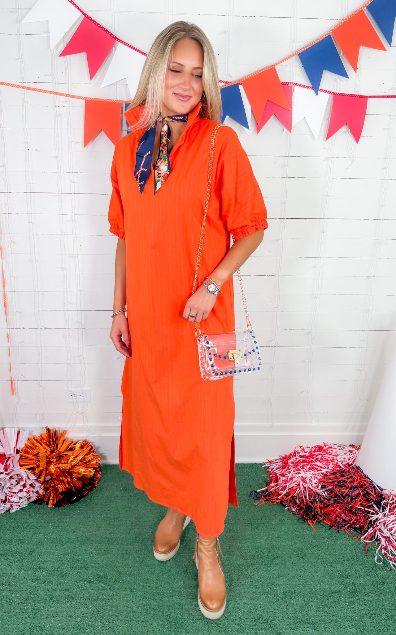 Blakely Orange Pinstripe Midi Dress Adrienne