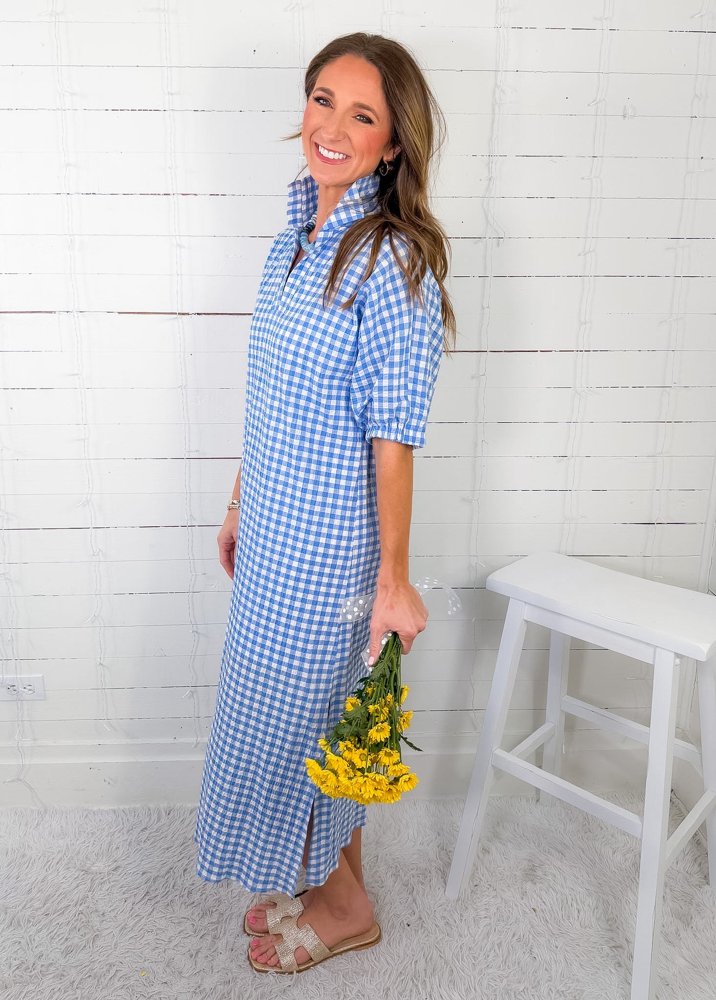 Blakely Sky Seersucker Gingham Caftan Dress Adrienne