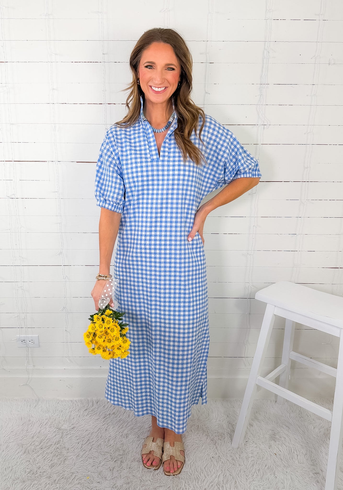Blakely Sky Seersucker Gingham Caftan Dress Adrienne