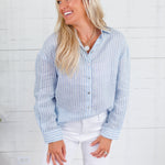 Blue Stripe Linen Essential Button Shirt Elle Grey