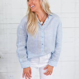 Blue Stripe Linen Essential Button Shirt Elle Grey