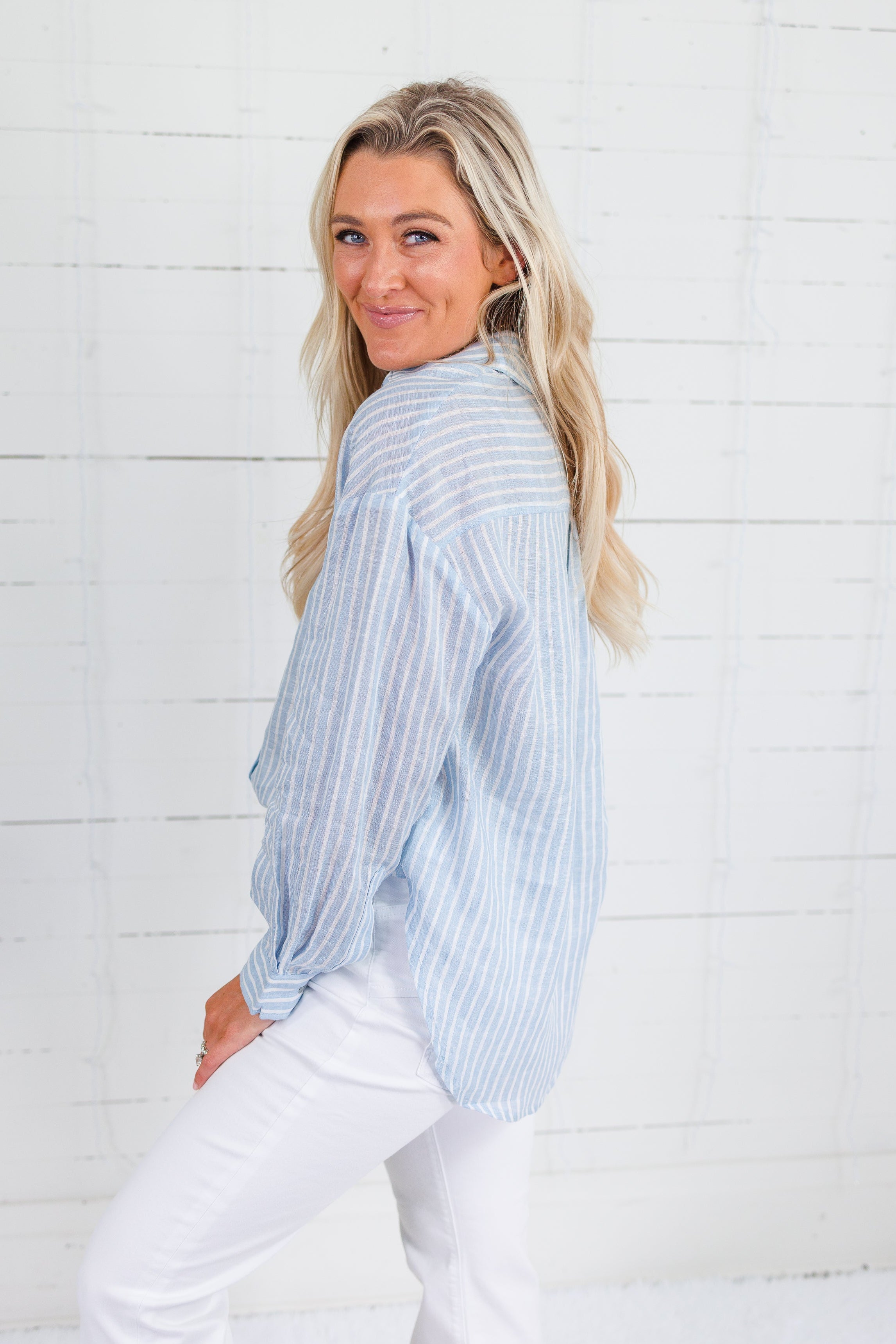 Blue Stripe Linen Essential Button Shirt Elle Grey