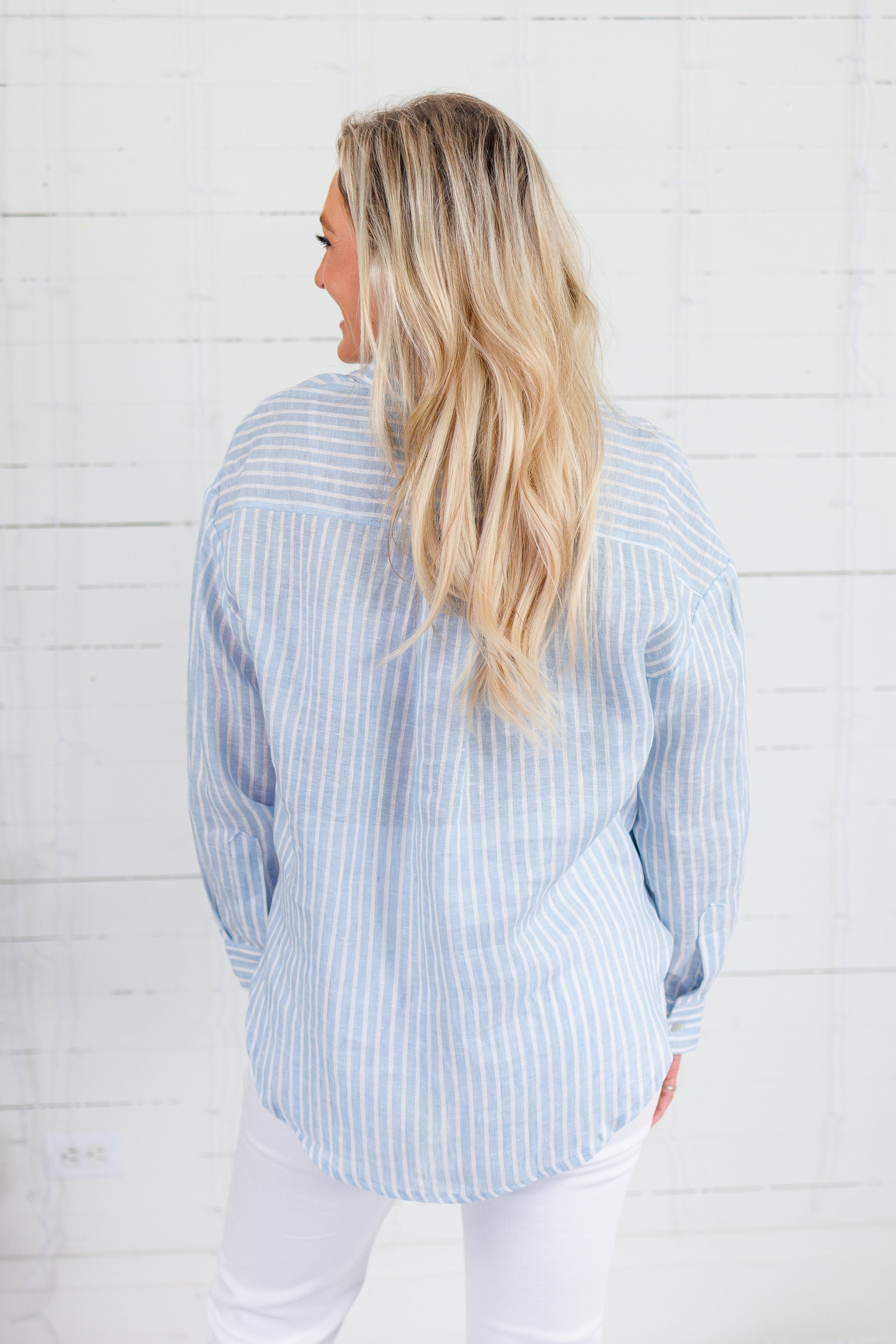 Blue Stripe Linen Essential Button Shirt Elle Grey