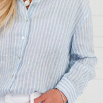 Blue Stripe Linen Essential Button Shirt Elle Grey