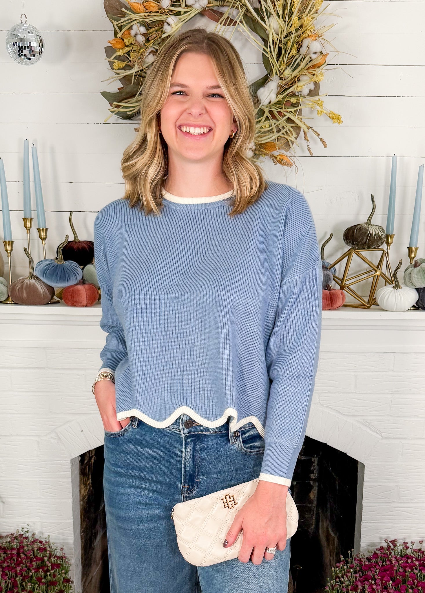 Bluebell Misty Blue + Cream Scallop Sweater