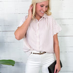 Blush Seersucker Stripe Scallop Sleeve Top Umgee