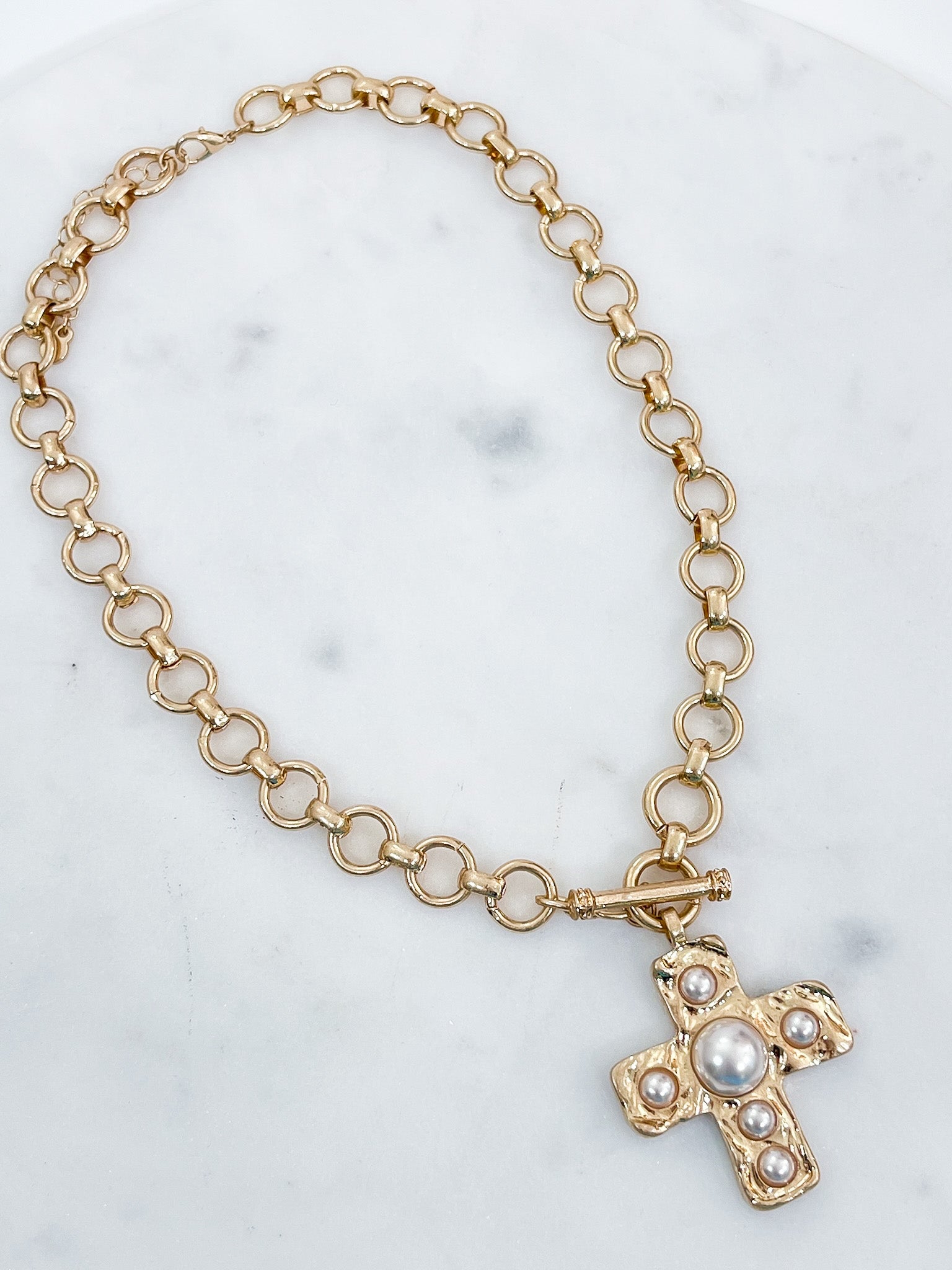 Bold Cross with Pearl Necklace