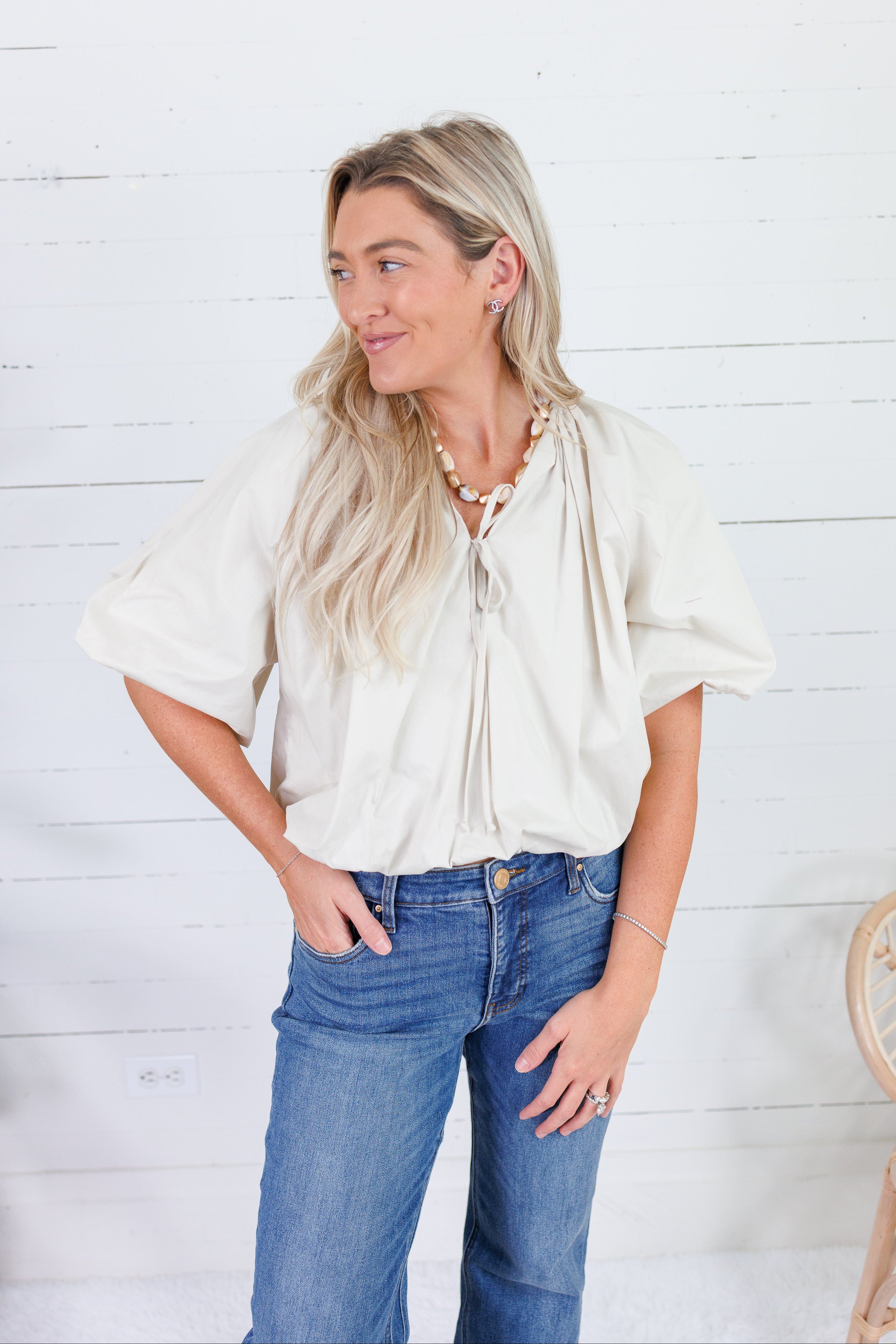 Bonita Latte Poplin Bubble Hem Top