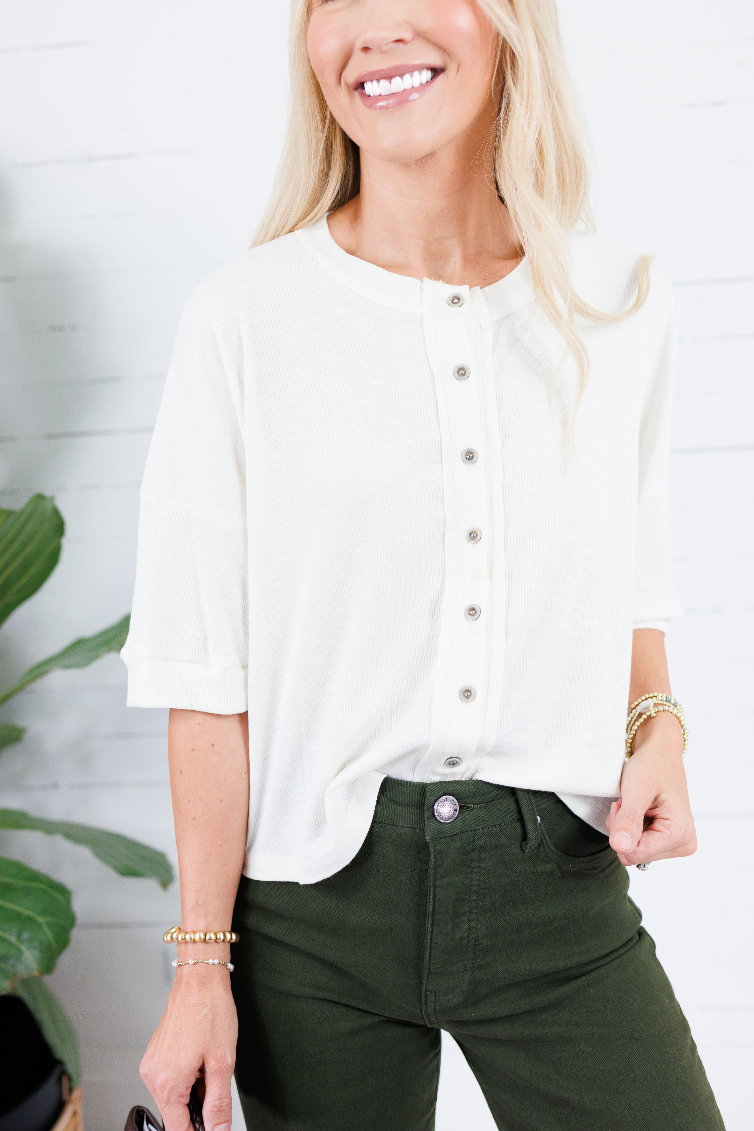 Bonnie Ivory Ribbed Button Knit Top Doe and Rae