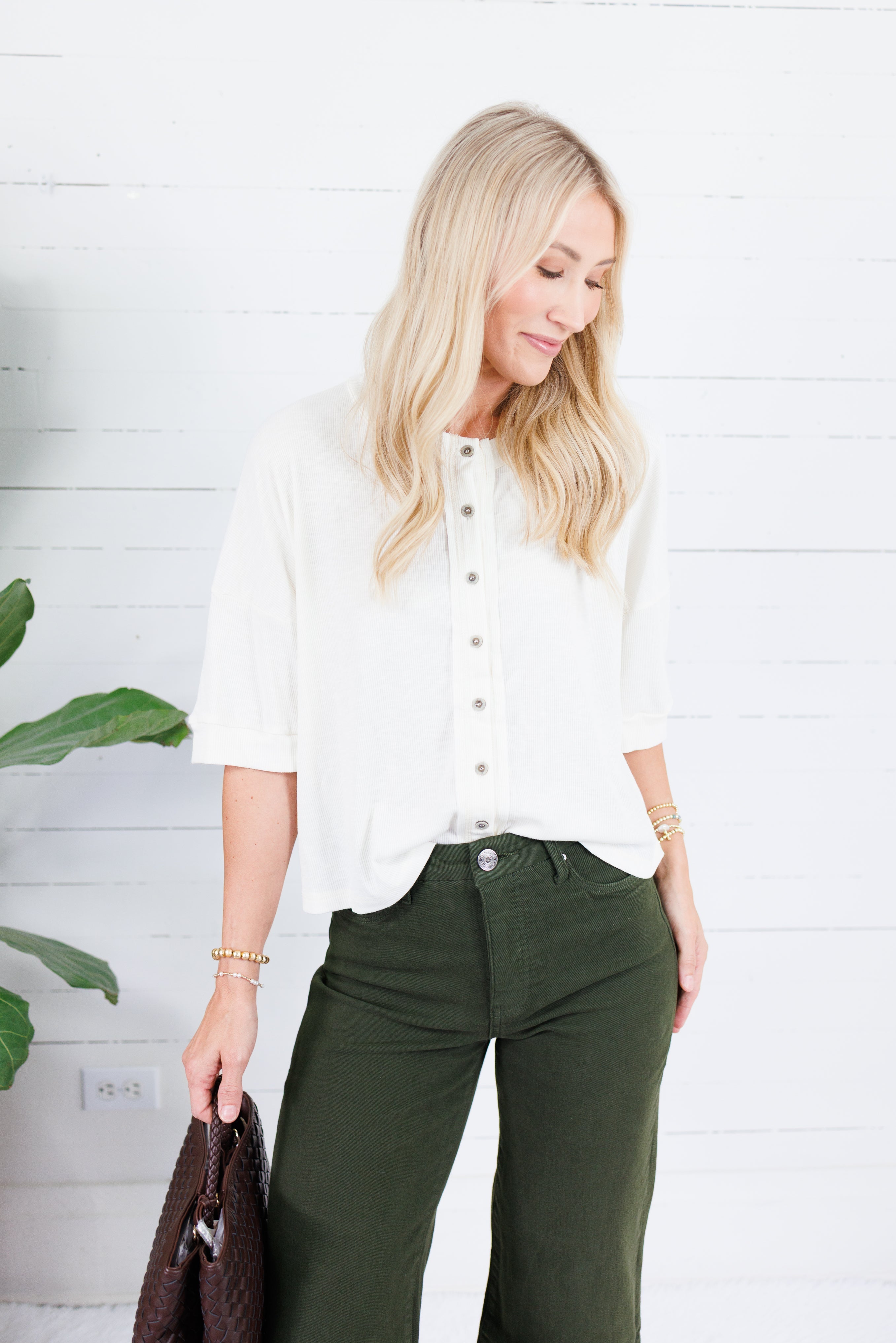Bonnie Ivory Ribbed Button Knit Top Doe and Rae