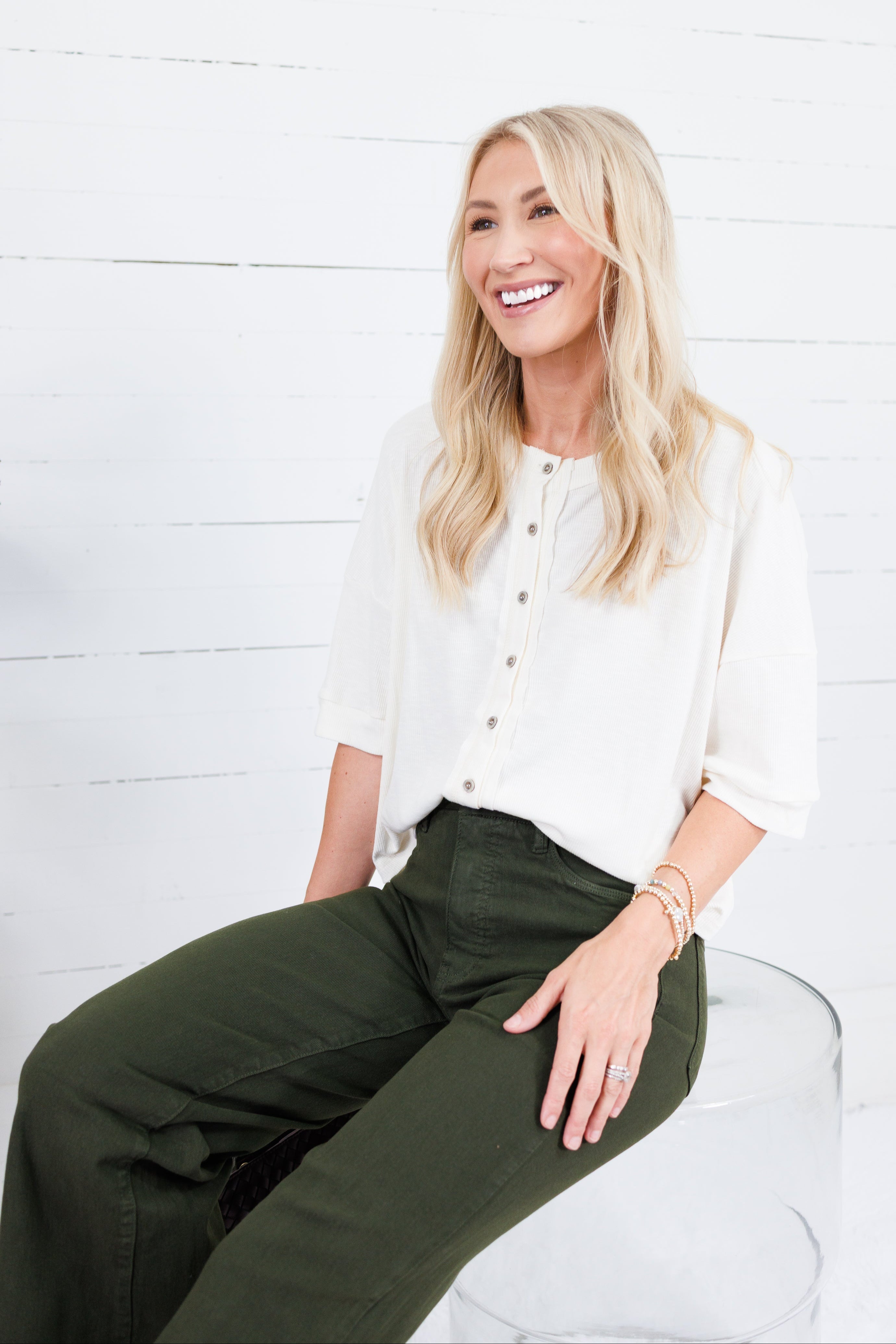 Bonnie Ivory Ribbed Button Knit Top Doe and Rae