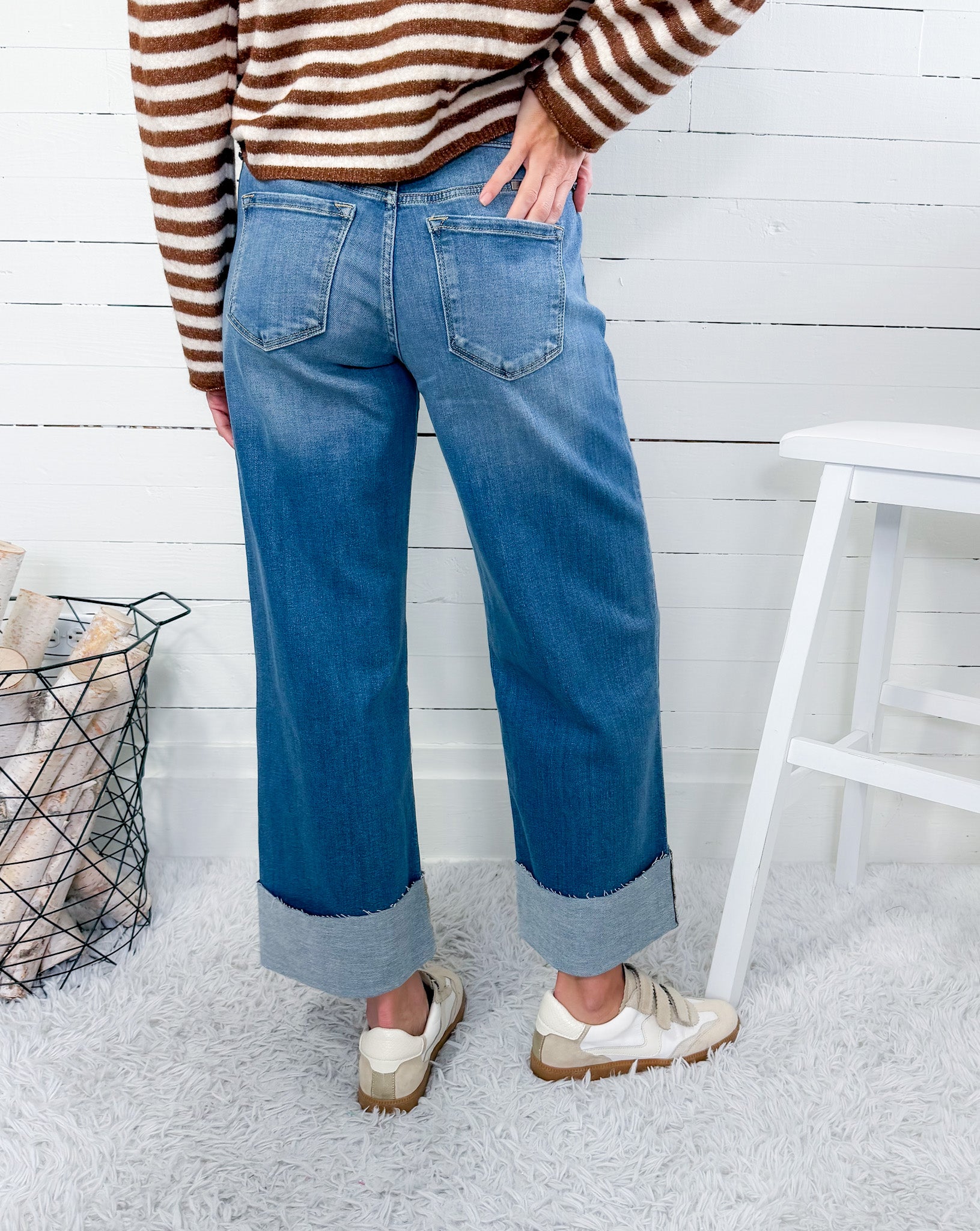 Braided Belt Loop Mid Rise Wide Leg Cuff Jean Kan Can USA