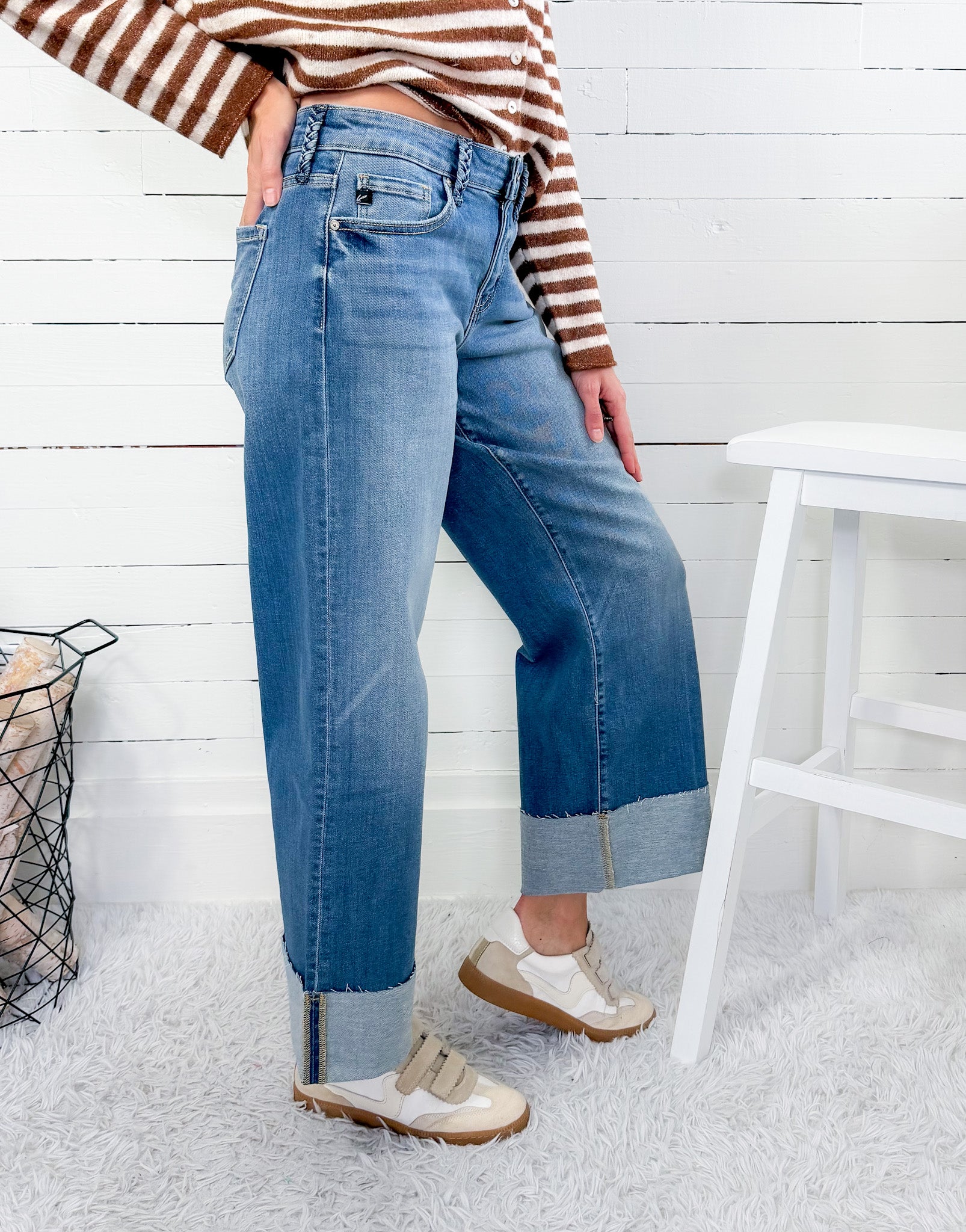 Braided Belt Loop Mid Rise Wide Leg Cuff Jean Kan Can USA