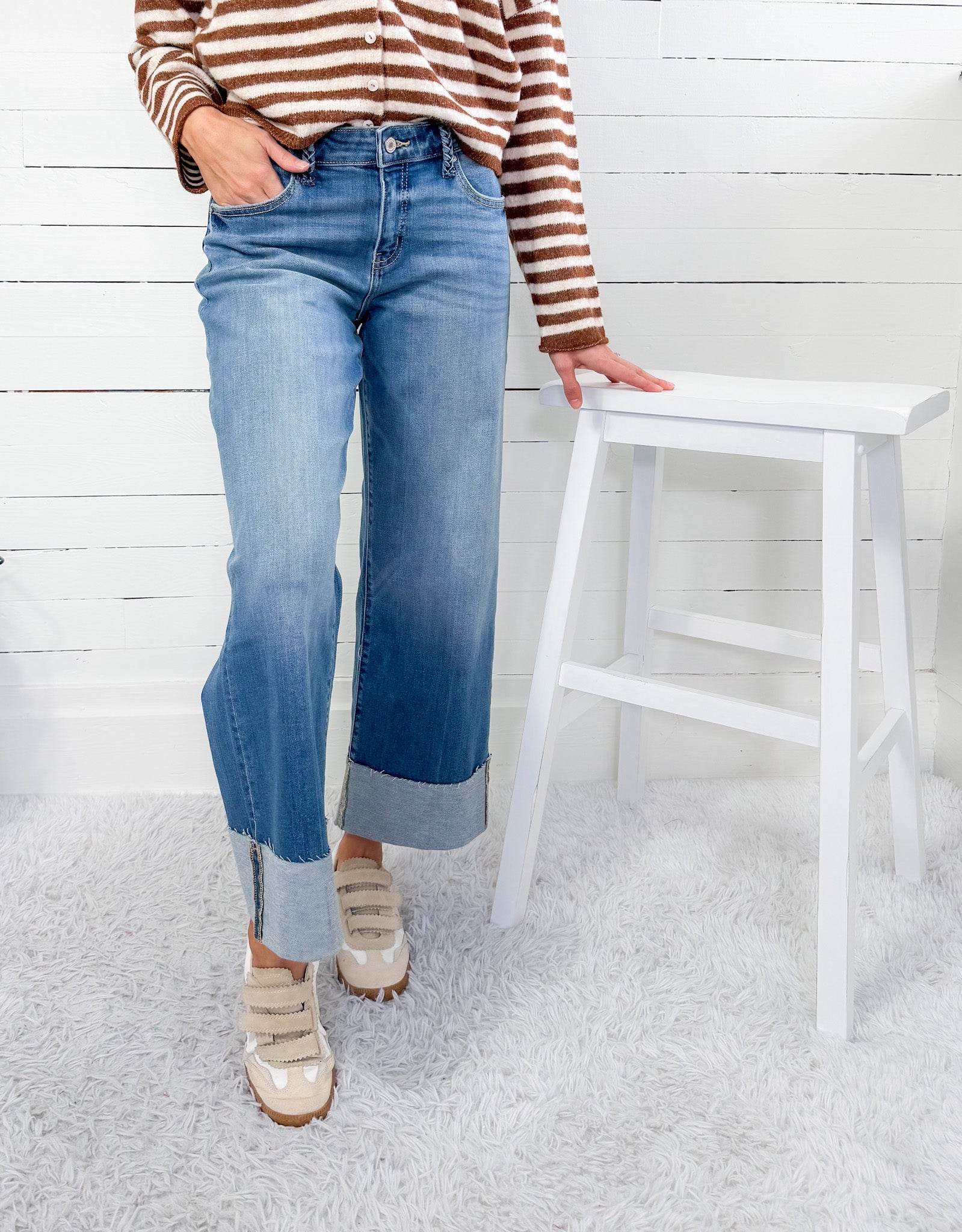 Braided Belt Loop Mid Rise Wide Leg Cuff Jean Kan Can USA