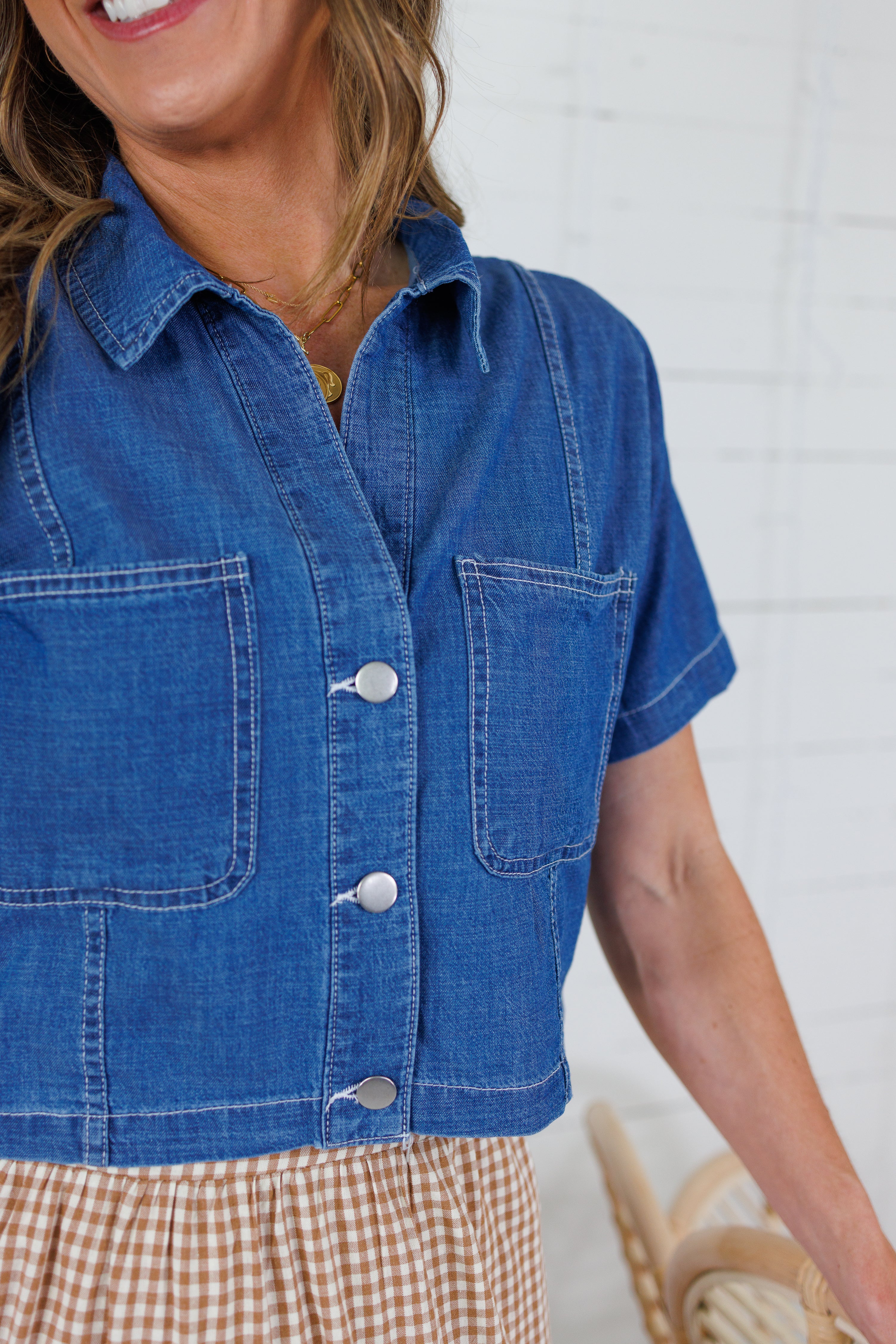 Bray Denim Boxy Button Top Blu Pepper
