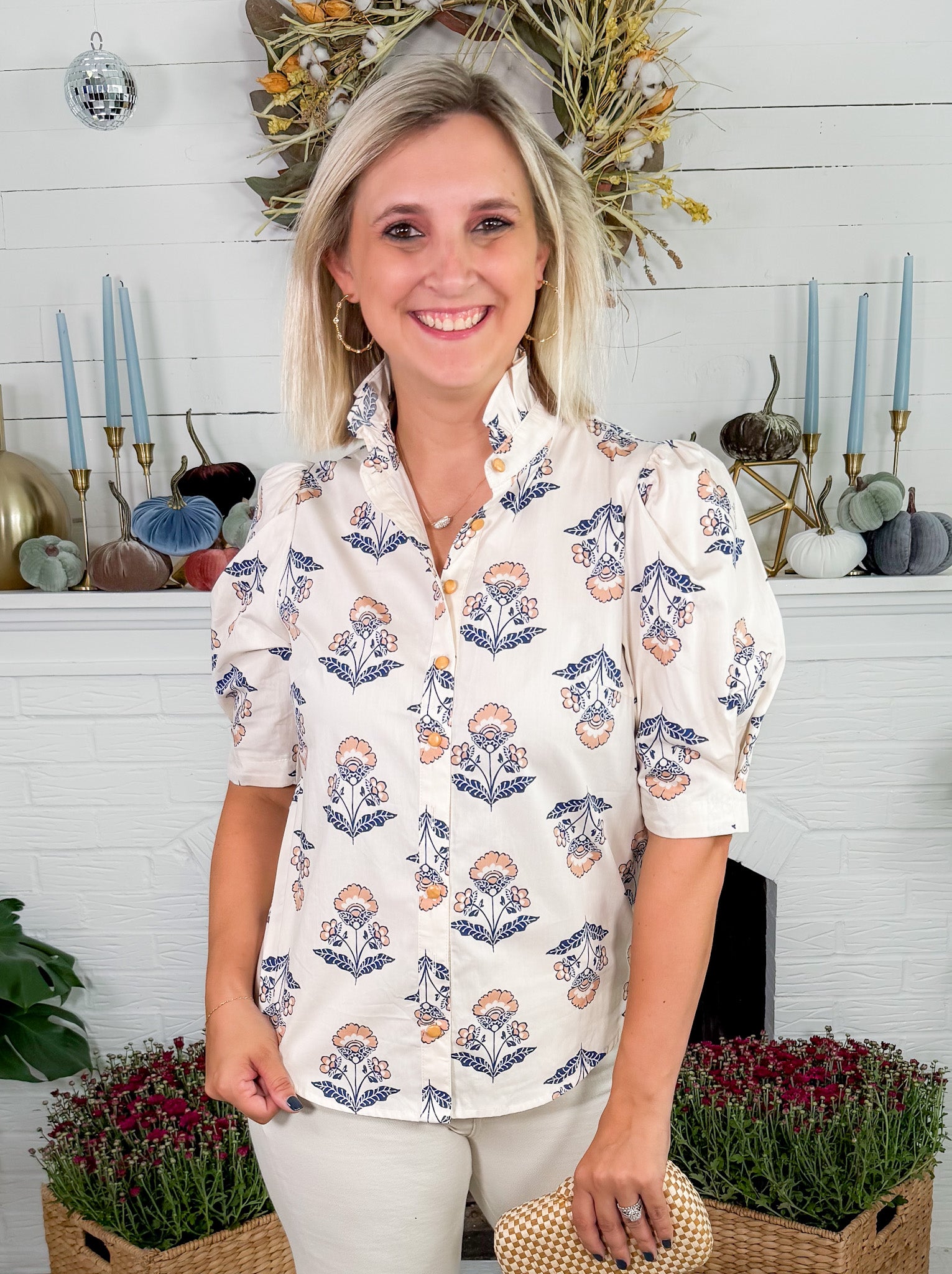 Bridges Vintage Floral Ruffle Neck Top Karlie